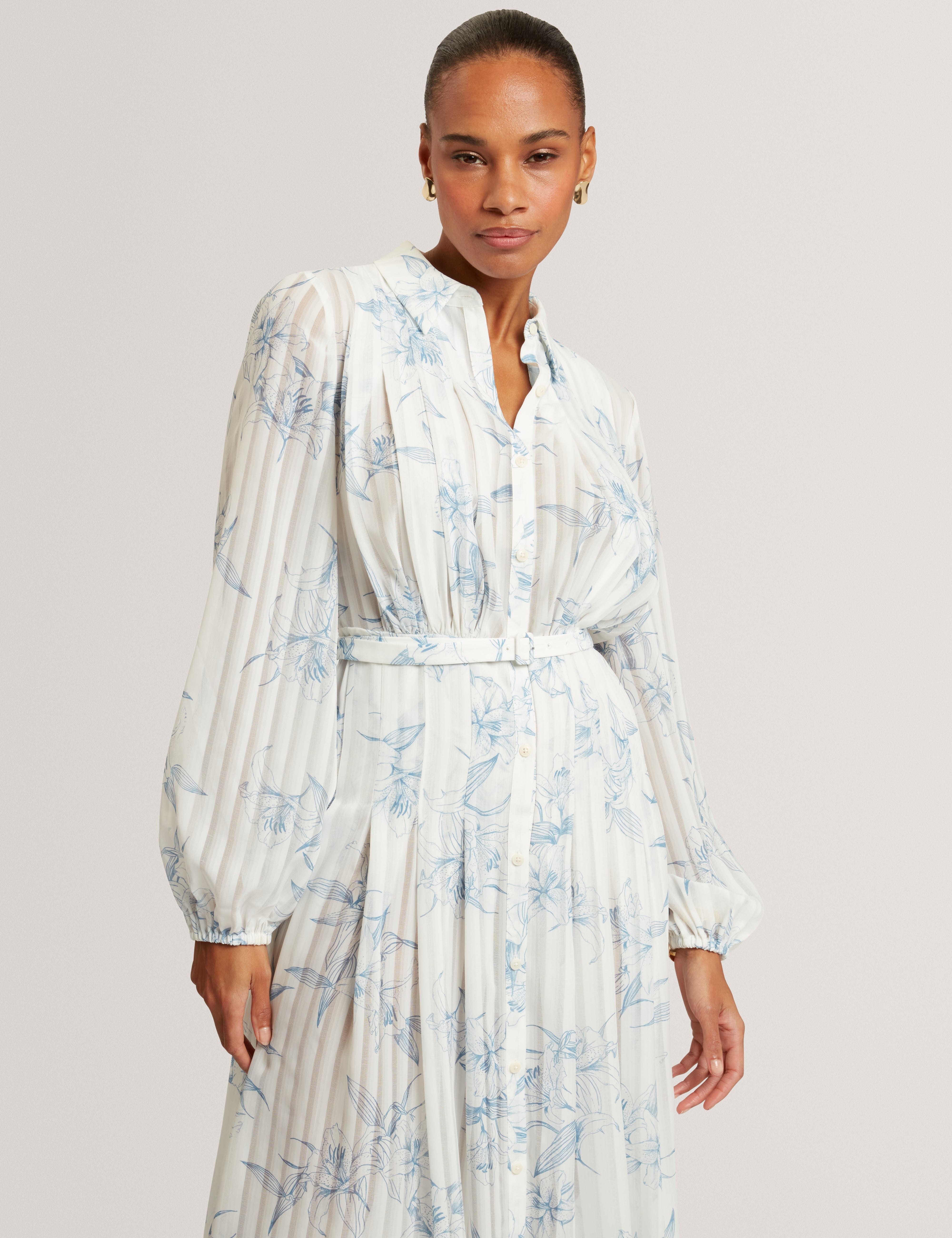 Bernia Pleated Midi Printed Shirt Dress White