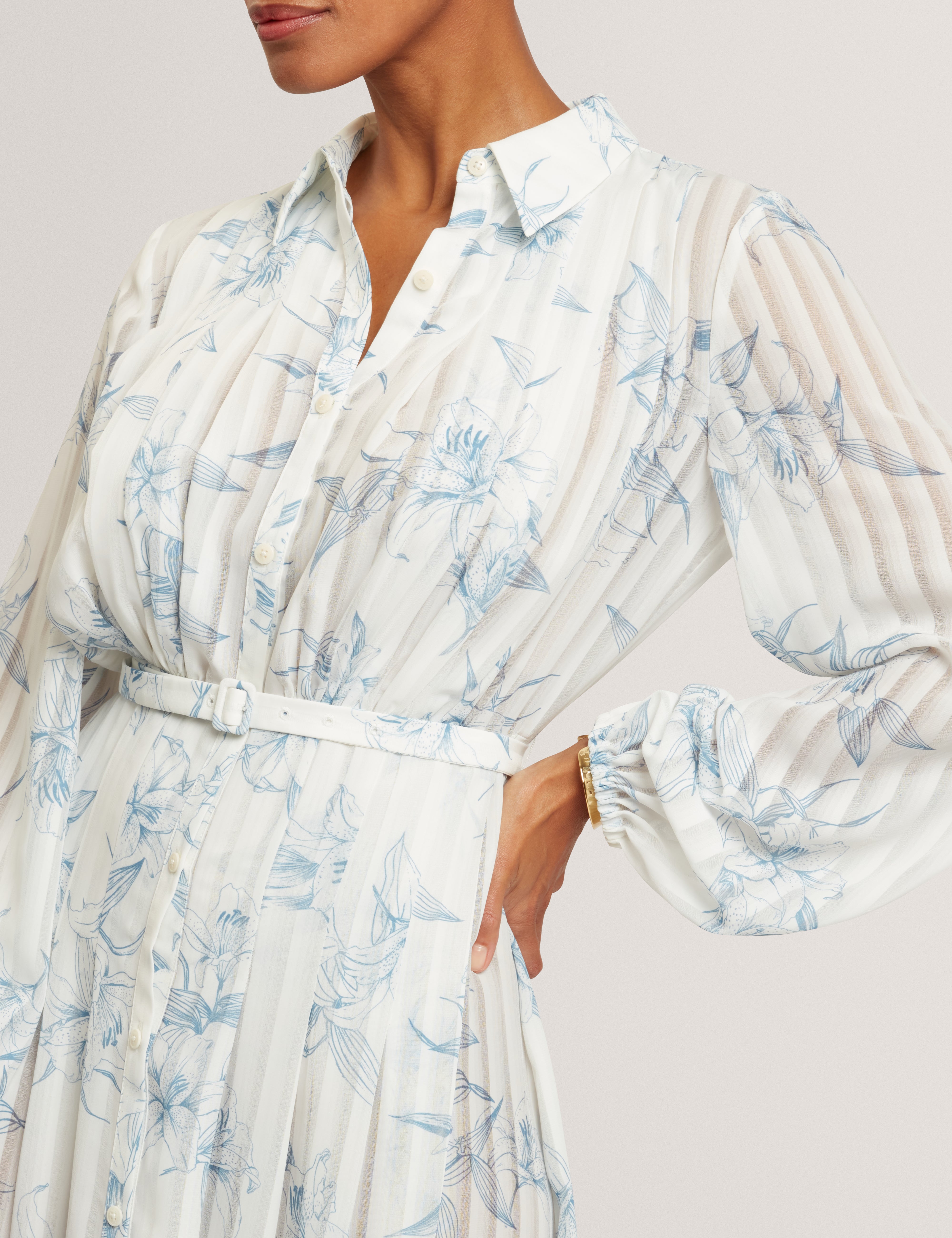 Bernia Pleated Midi Printed Shirt Dress White