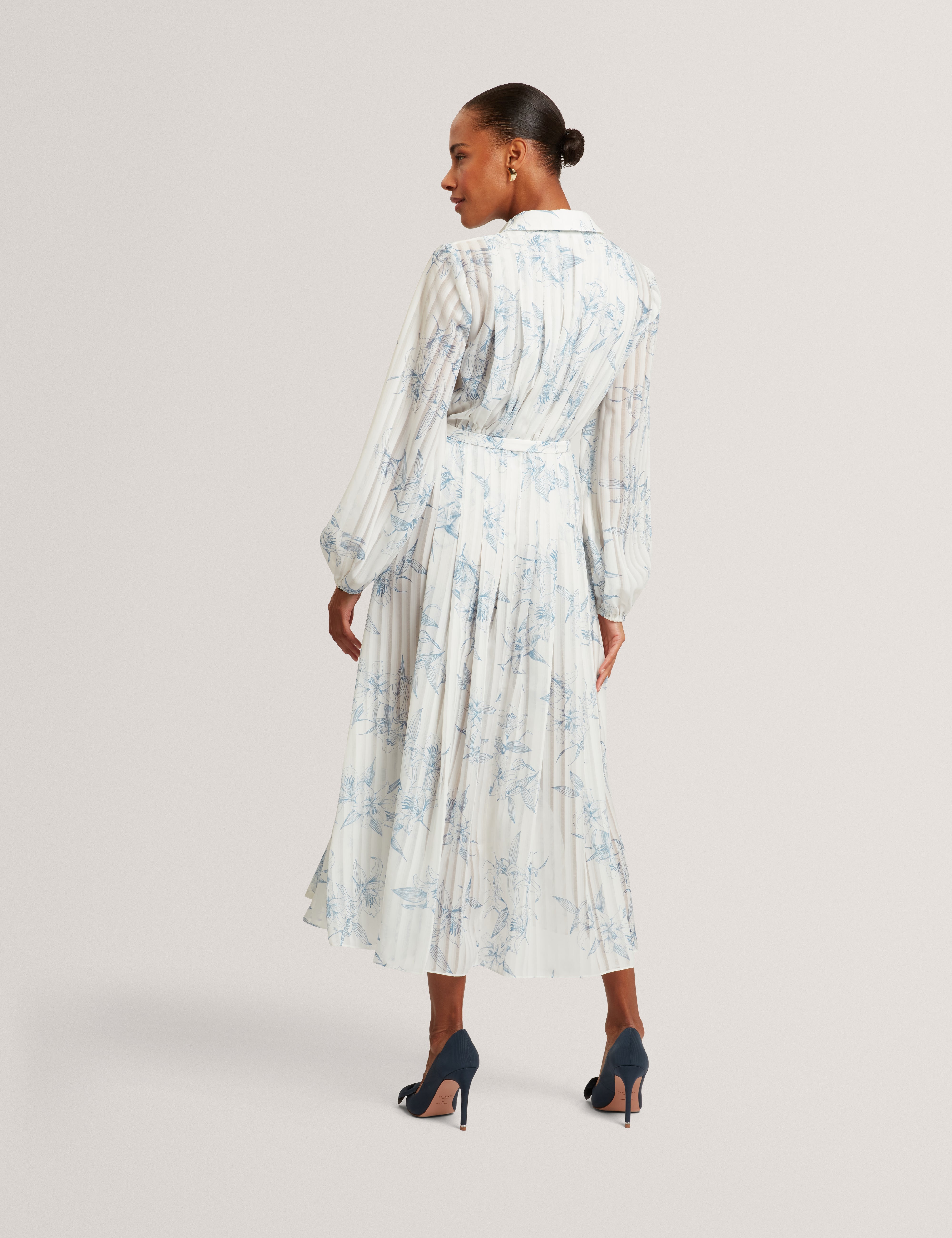 Bernia Pleated Midi Printed Shirt Dress White