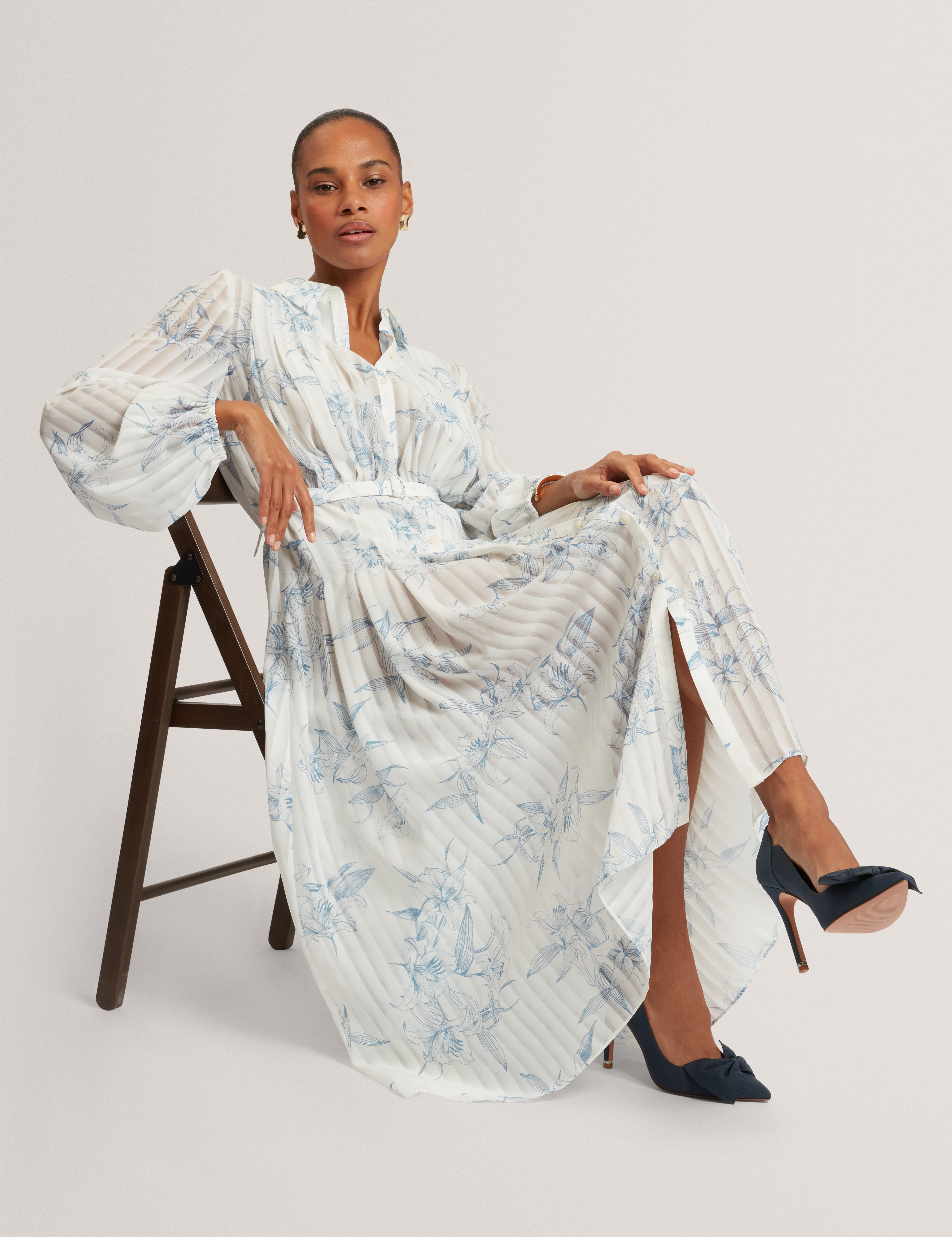 Bernia Pleated Midi Printed Shirt Dress White