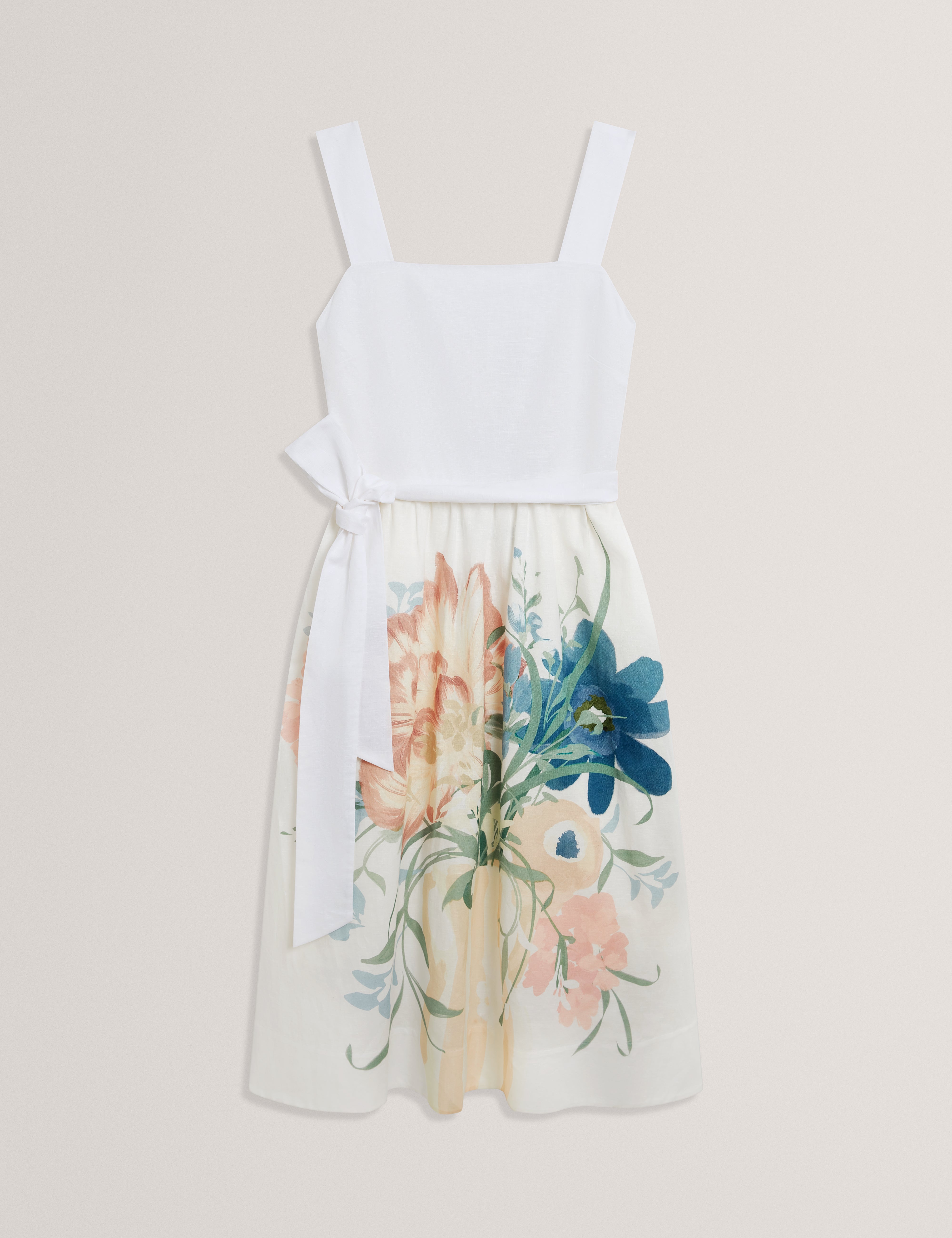 Gemha Tie Waist Floral Midi Sundress Ivory