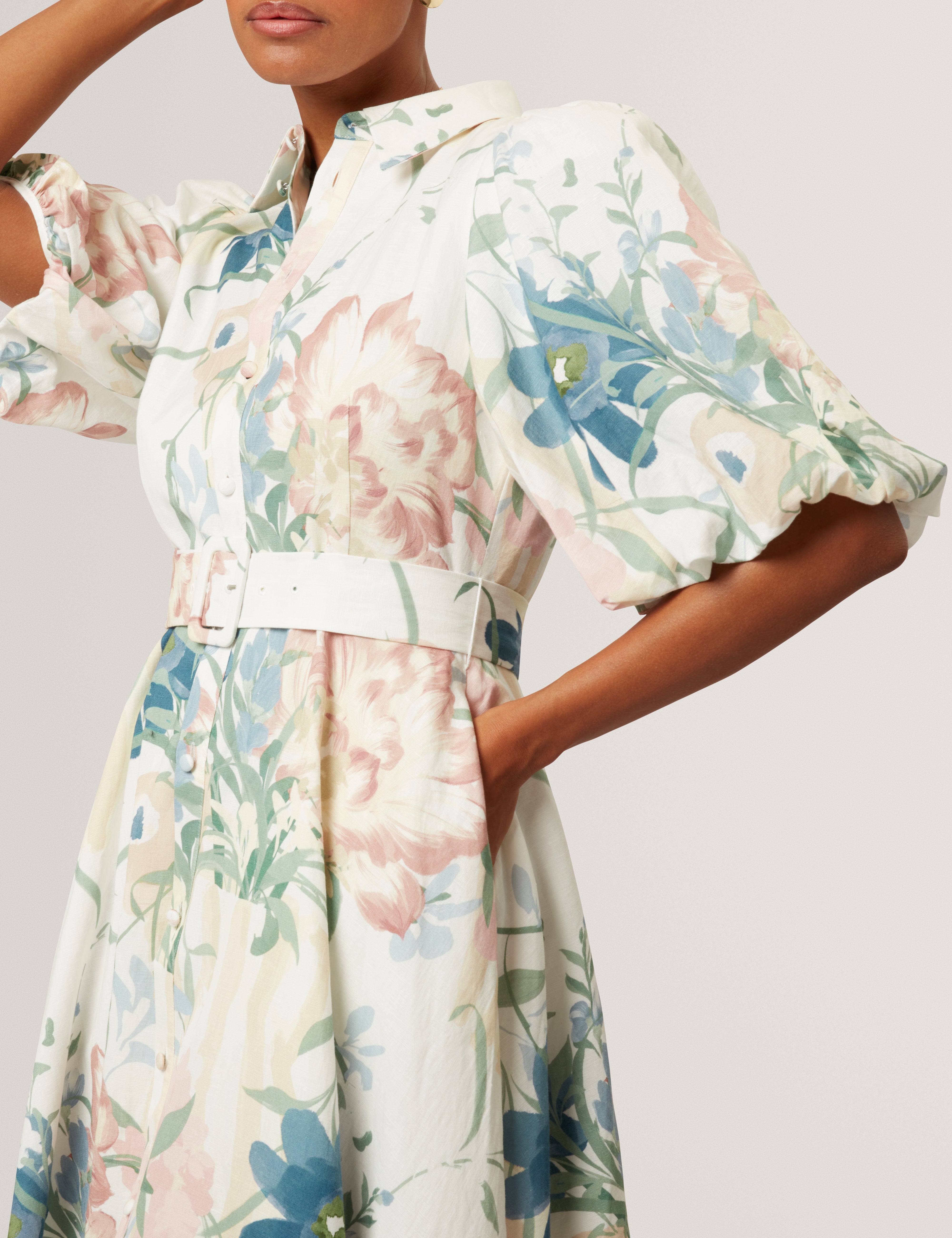 Breei Puff Sleeve Printed Midi Shirt Dress Ivory