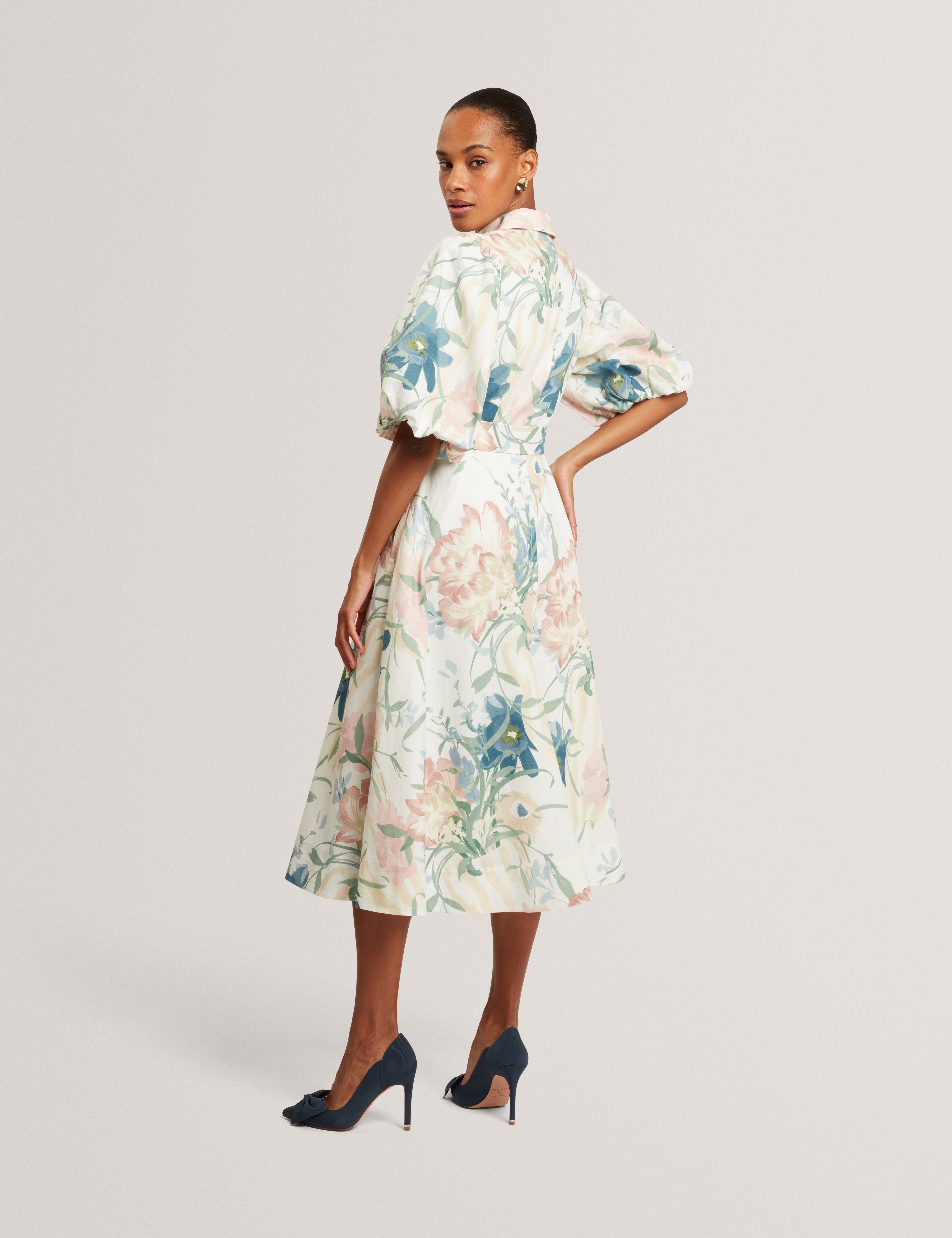Breei Puff Sleeve Printed Midi Shirt Dress Ivory