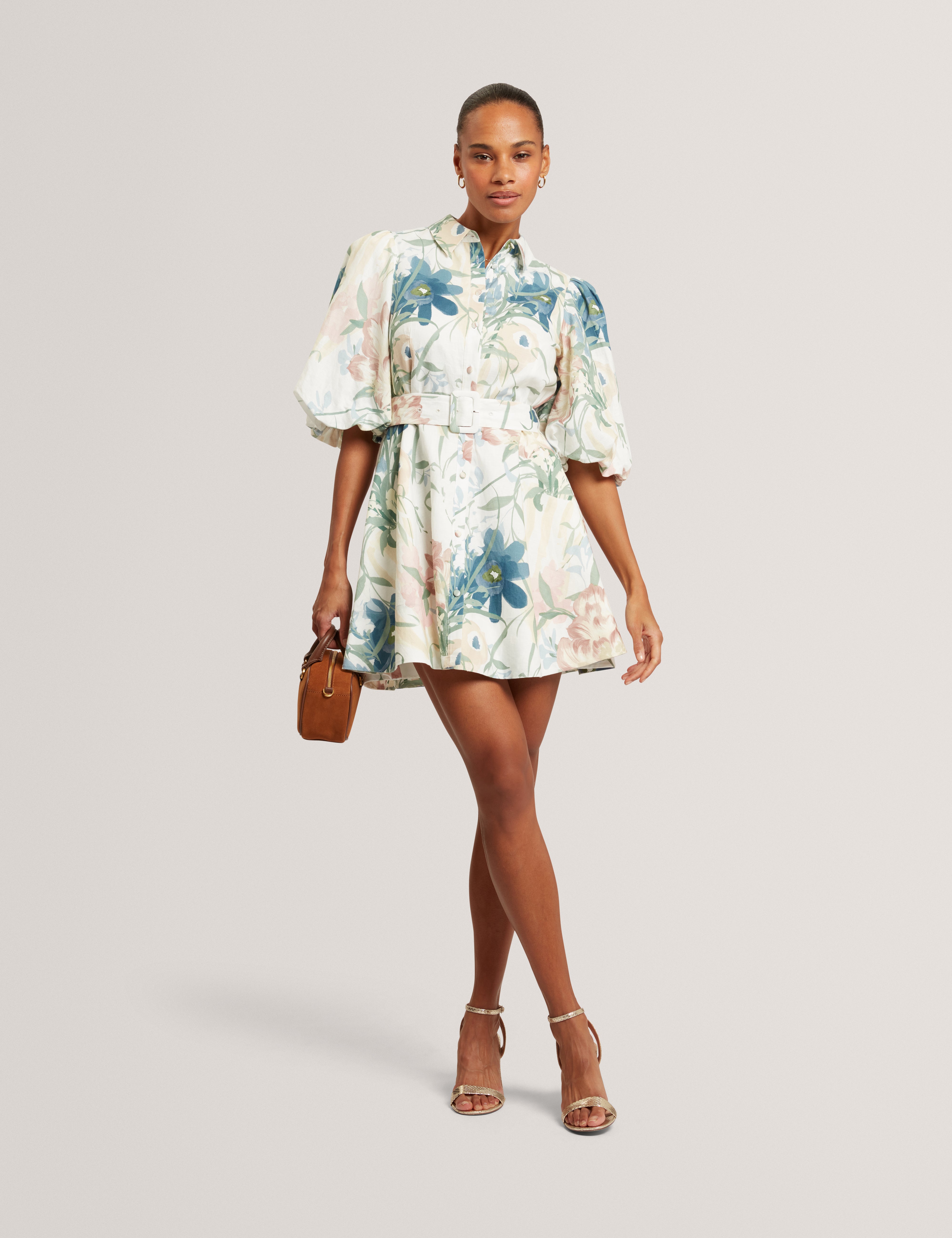 Olliiv Puff Sleeve Printed Mini Shirt Dress Ivory