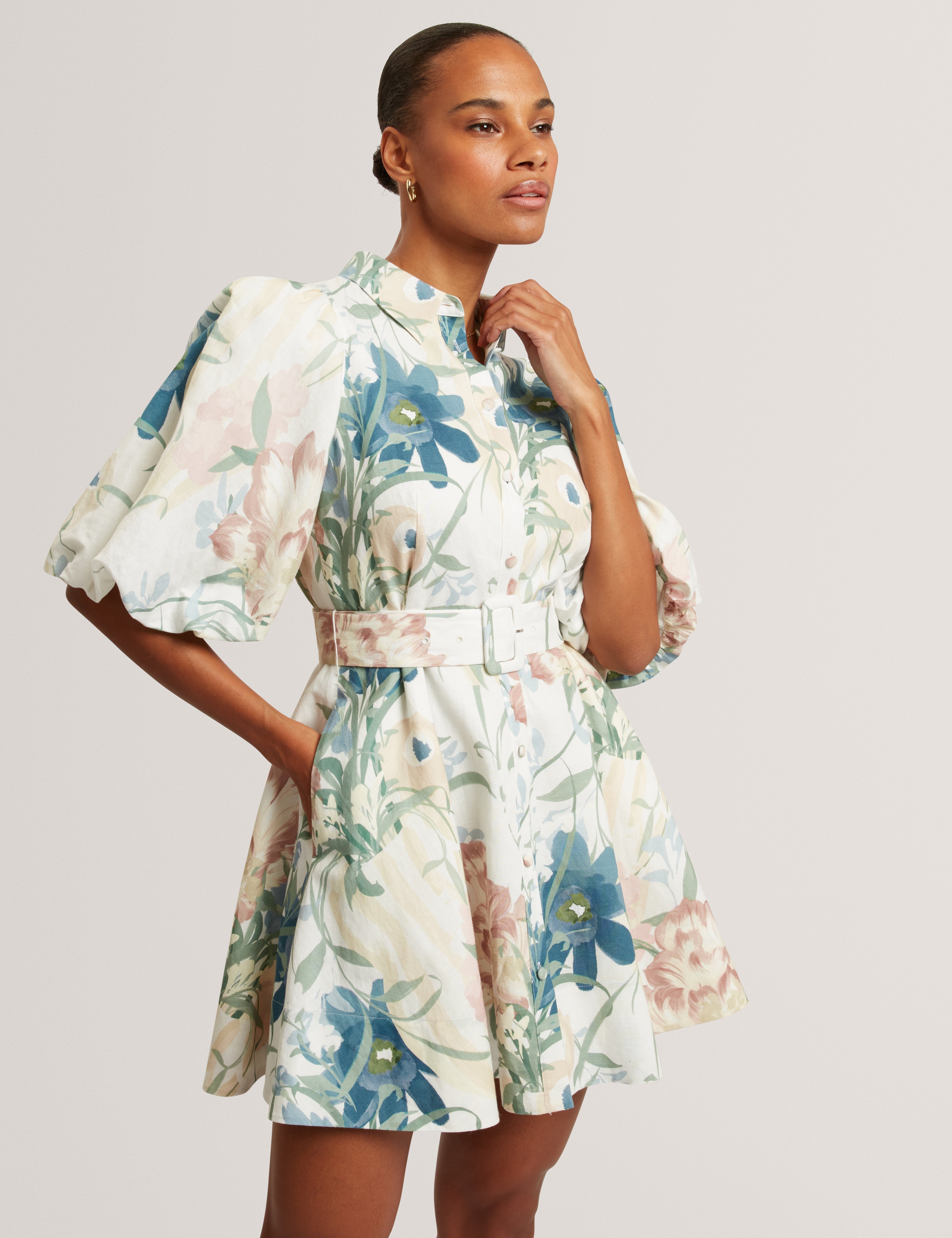 Olliiv Puff Sleeve Printed Mini Shirt Dress Ivory