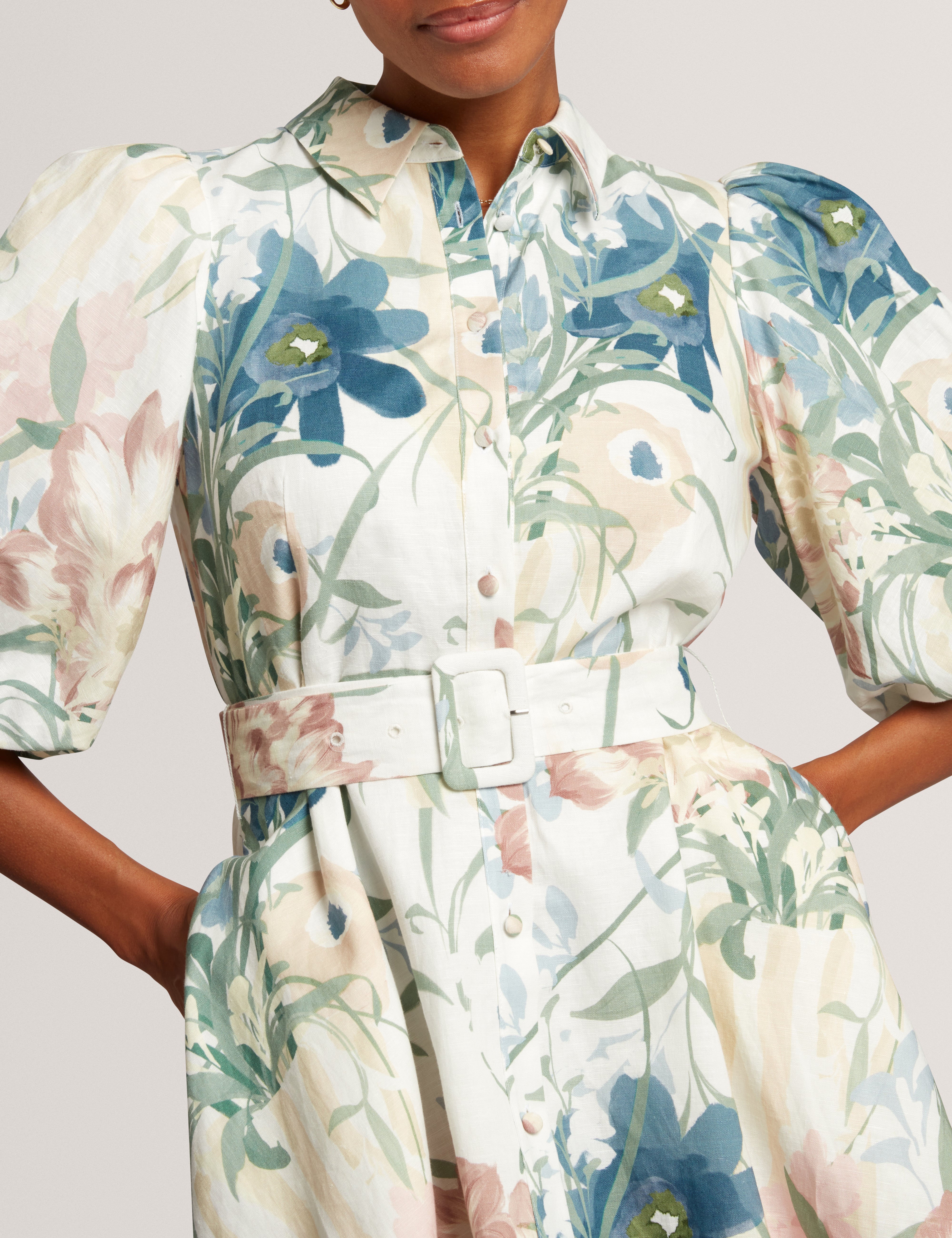 Olliiv Puff Sleeve Printed Mini Shirt Dress Ivory