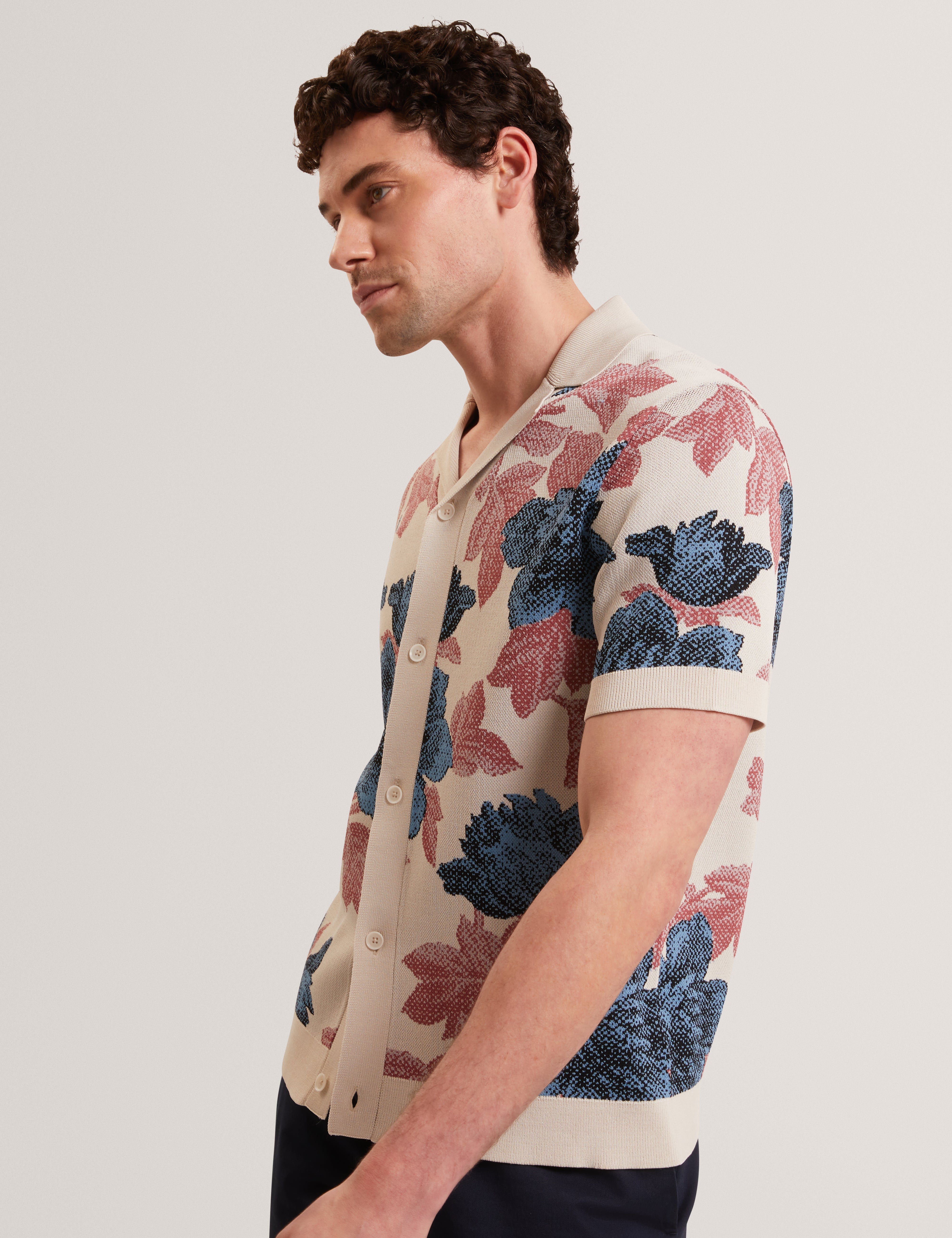 Ashqara Short Sleeve Relaxed Floral Button Through Polo Multicol