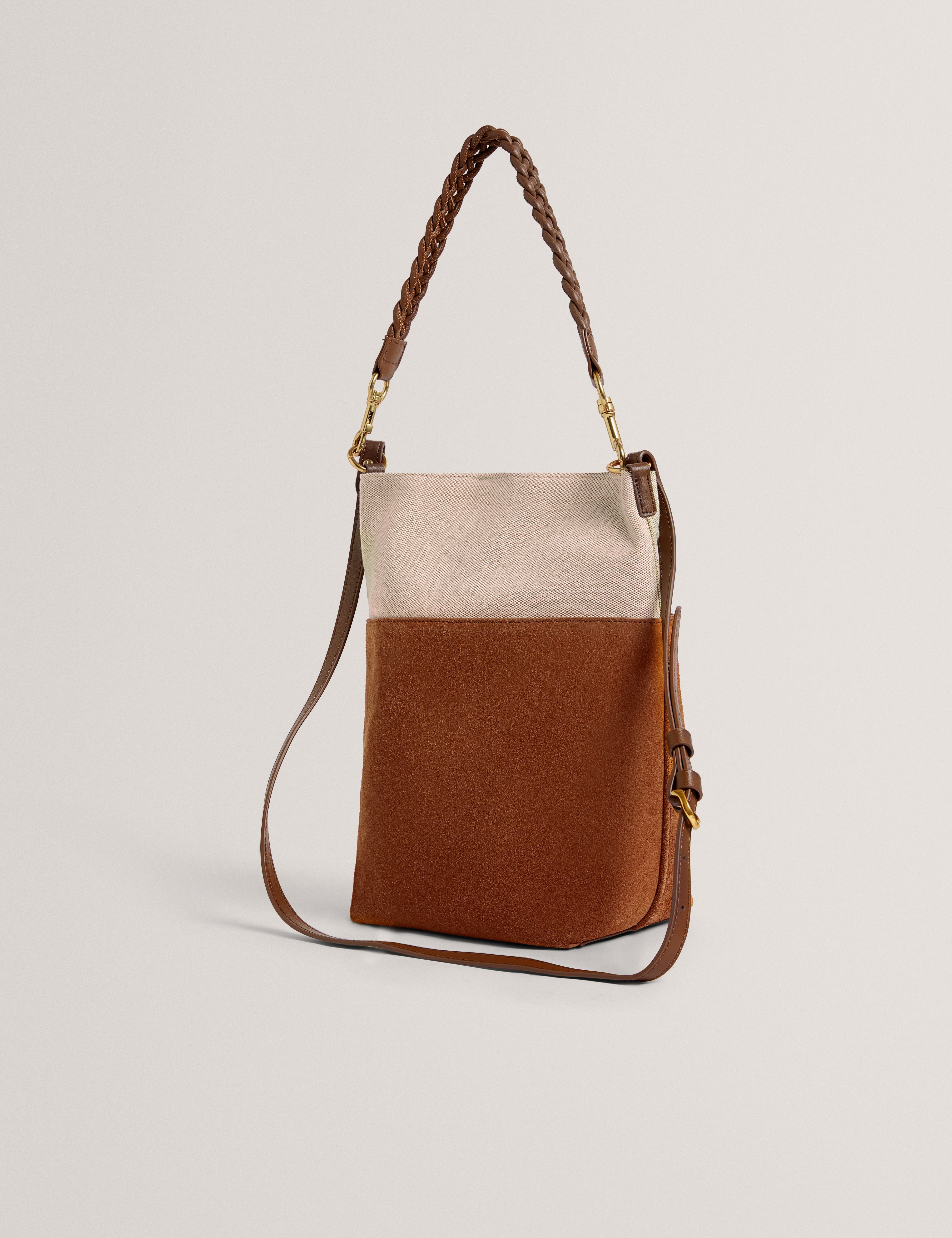 Sorien Woven Handle Medium Bucket Bag Tan