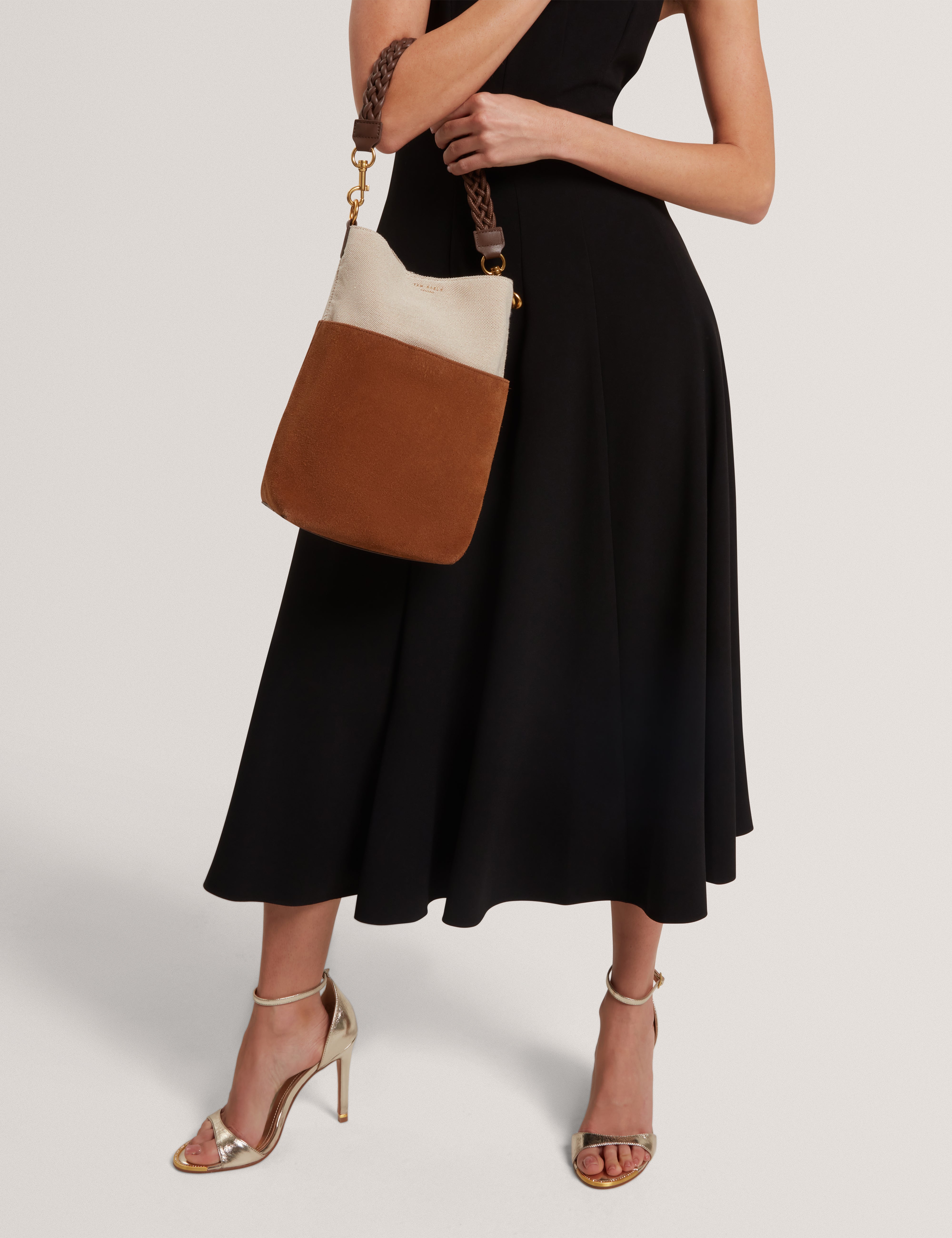Sorien Woven Handle Medium Bucket Bag Tan