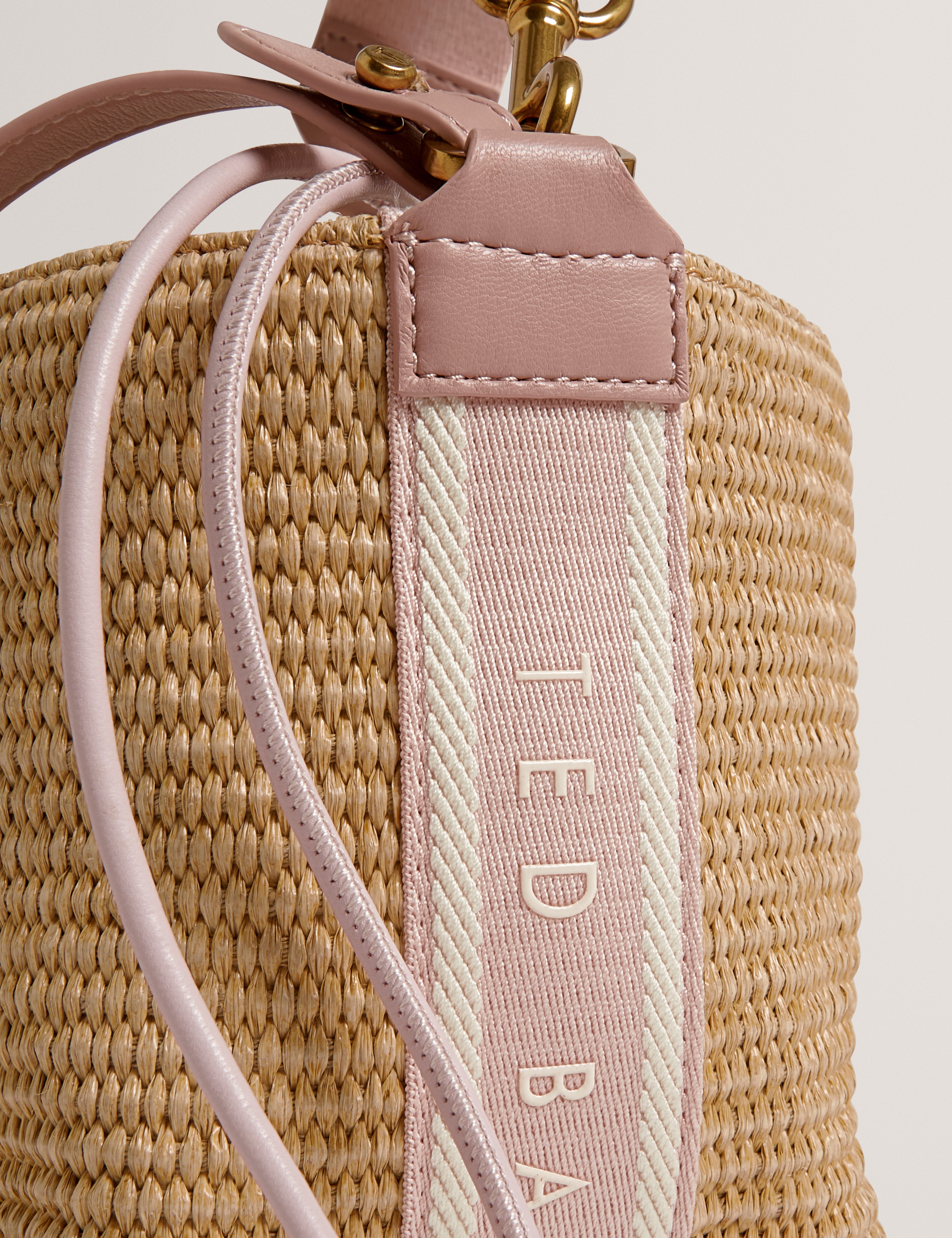 Raffyna Webbing Detail Raffia Small Bucket Bag Pink