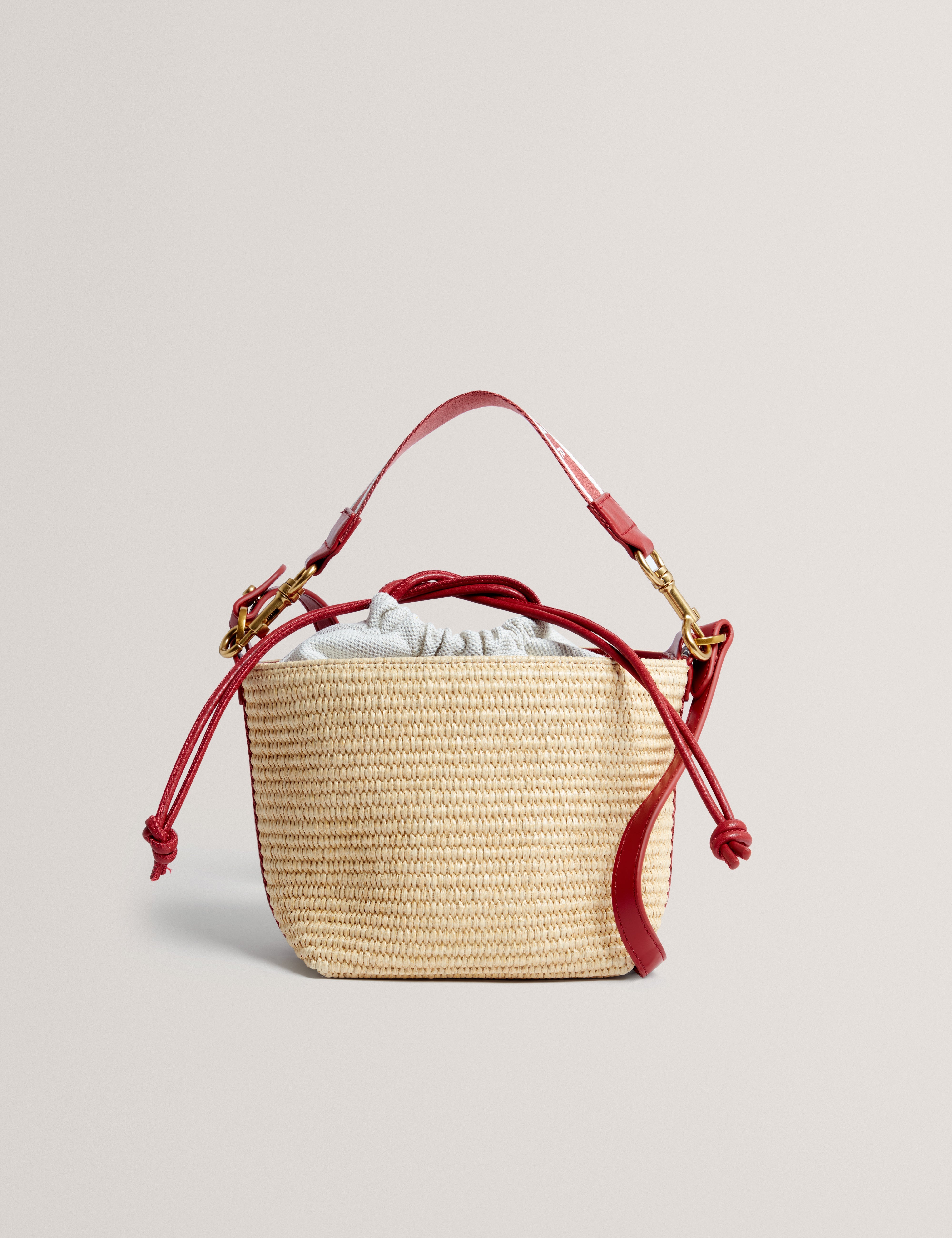 Raffyna Webbing Detail Raffia Small Bucket Bag Red
