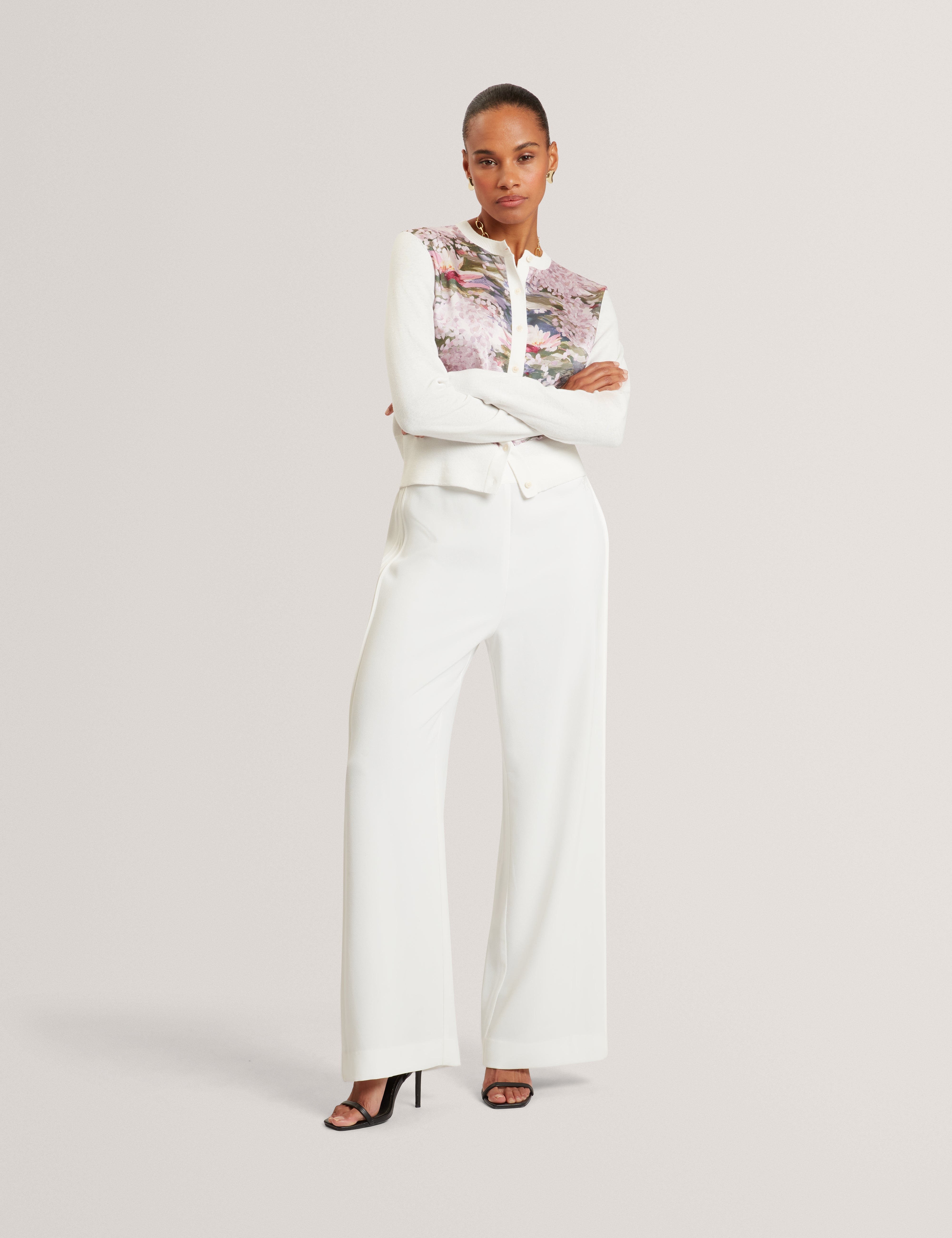 Sisilla Printed Woven Front Cardigan Ivory