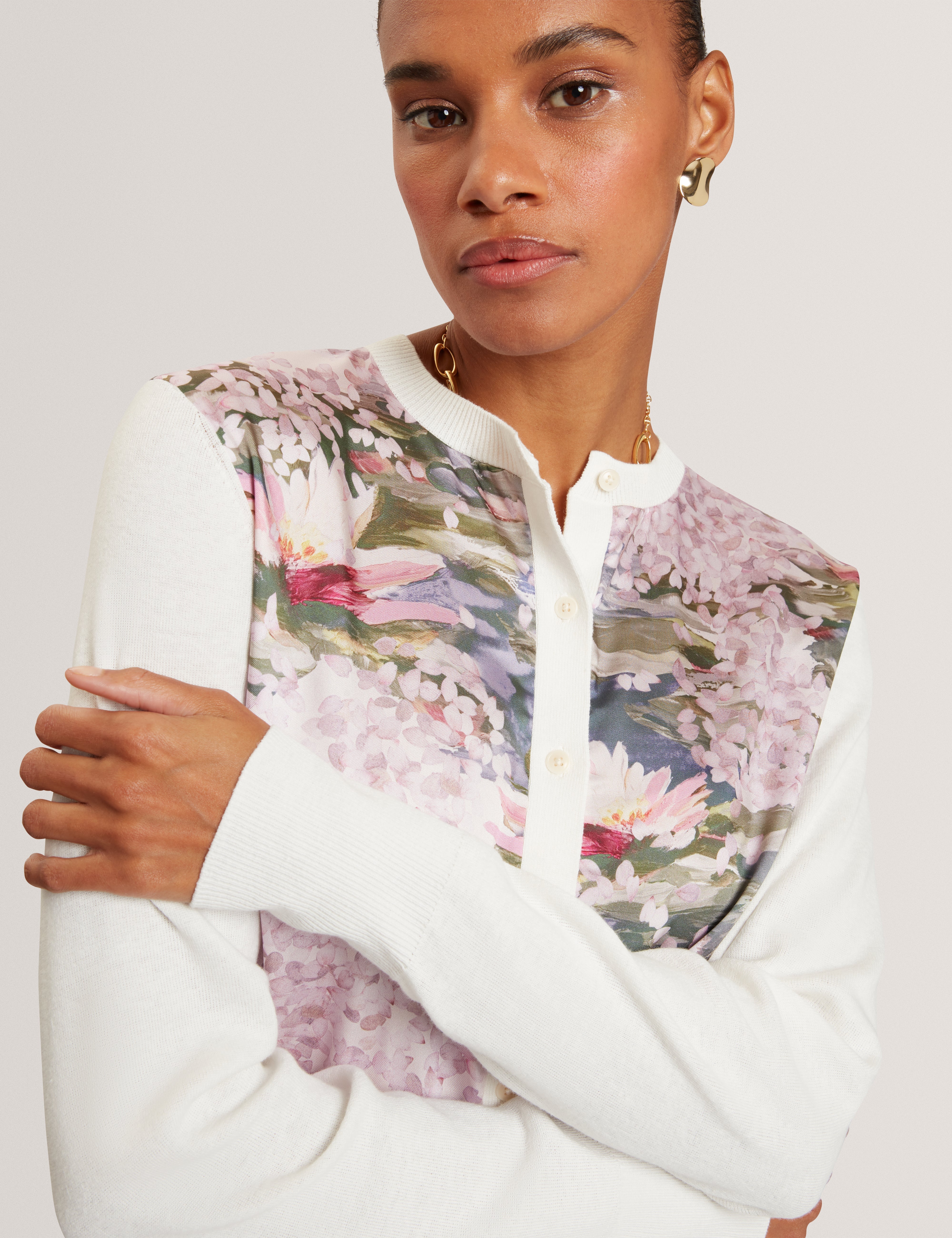 Sisilla Printed Woven Front Cardigan Ivory