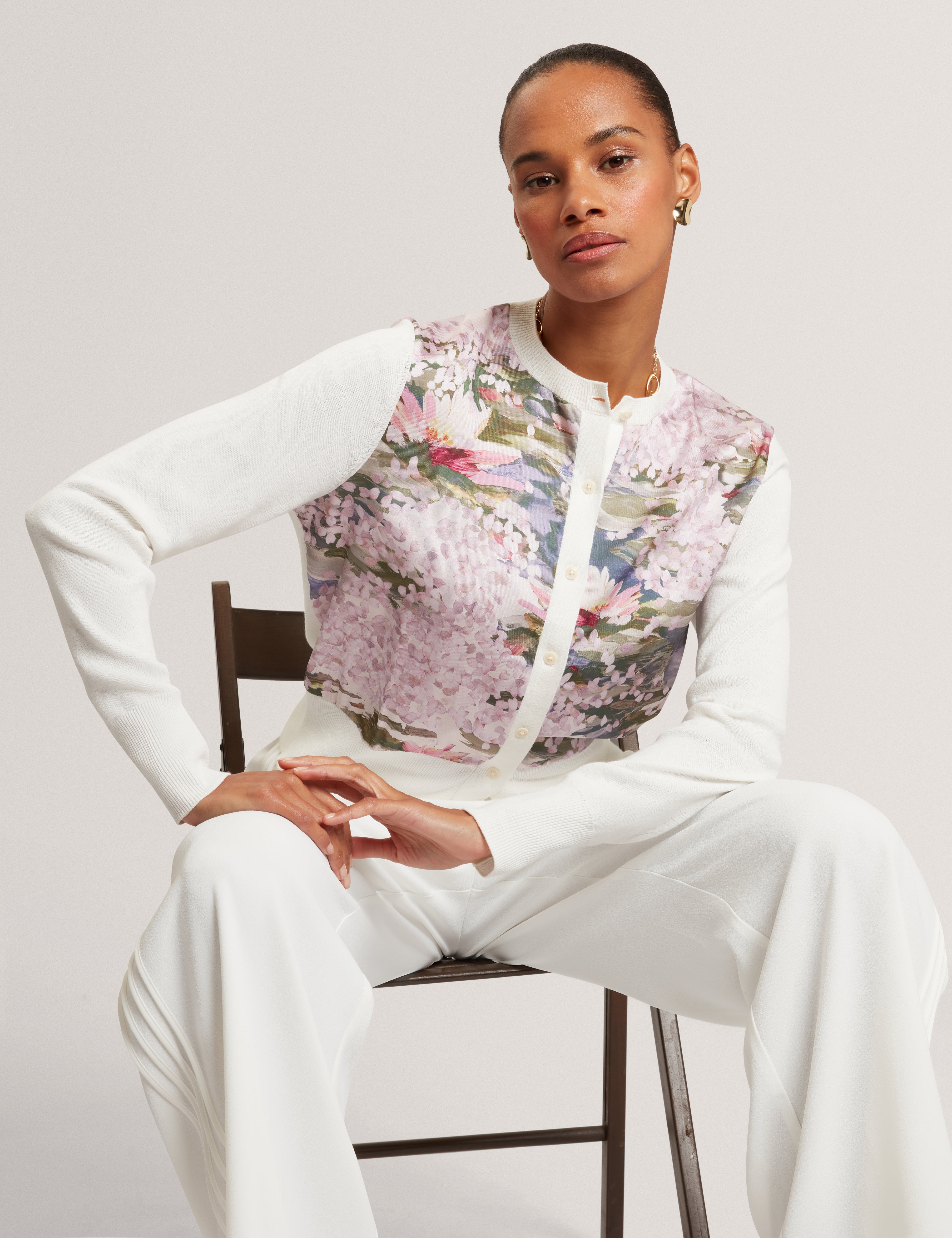 Sisilla Printed Woven Front Cardigan Ivory