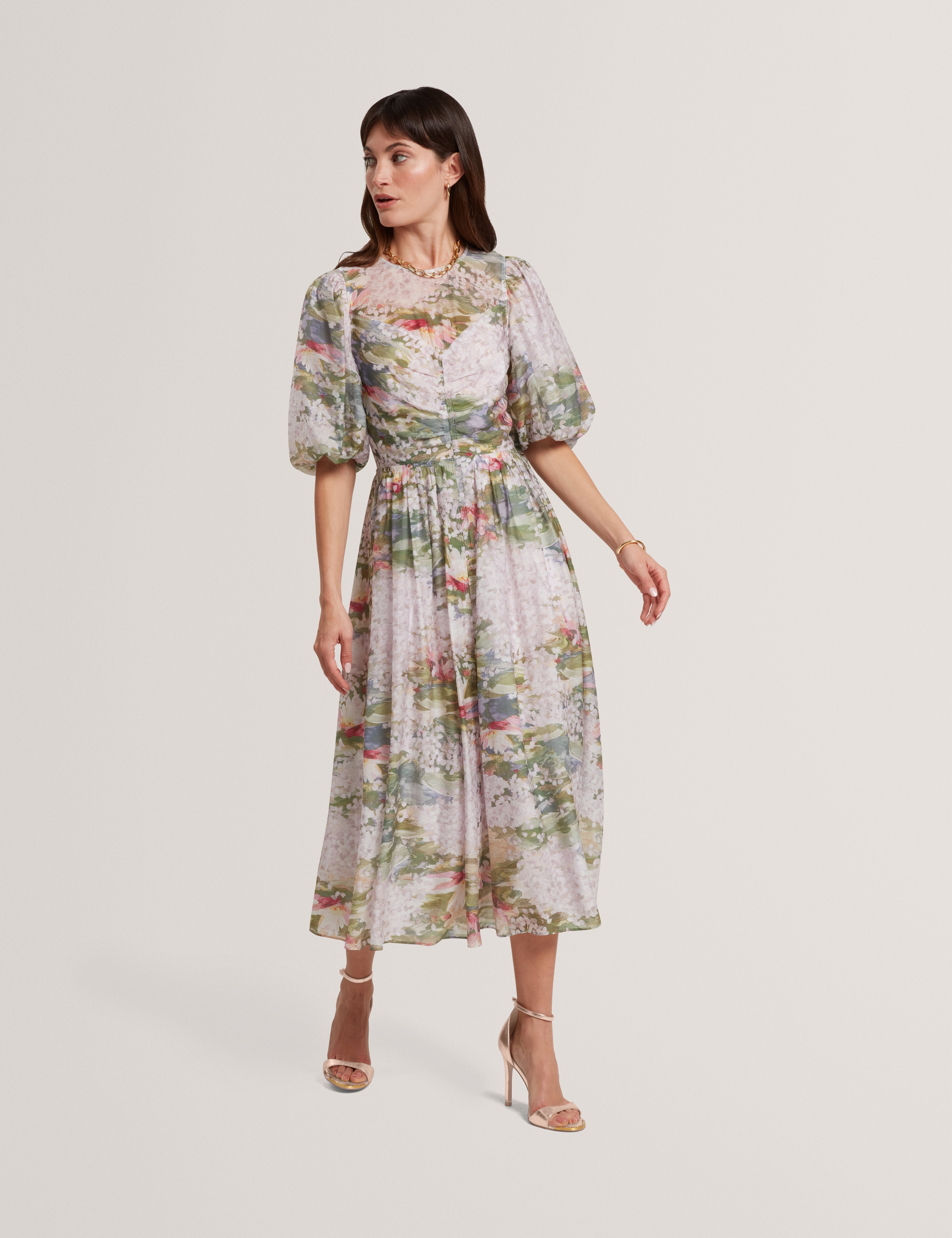 Jonora Puff Sleeveâ Printed Midi Dress Pink