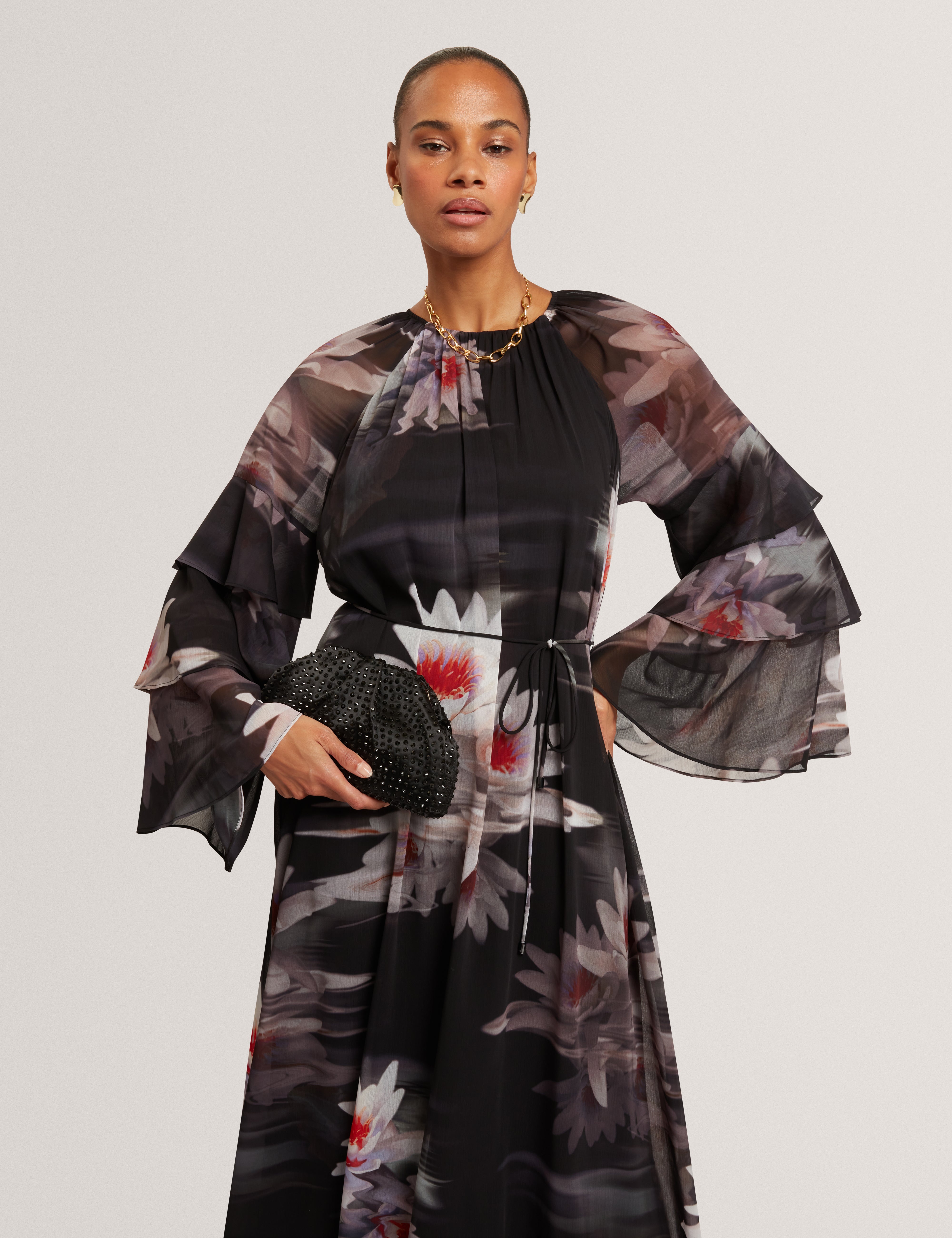 Moliia Ruffled Long Sleeve Printed Maxi Dress Black
