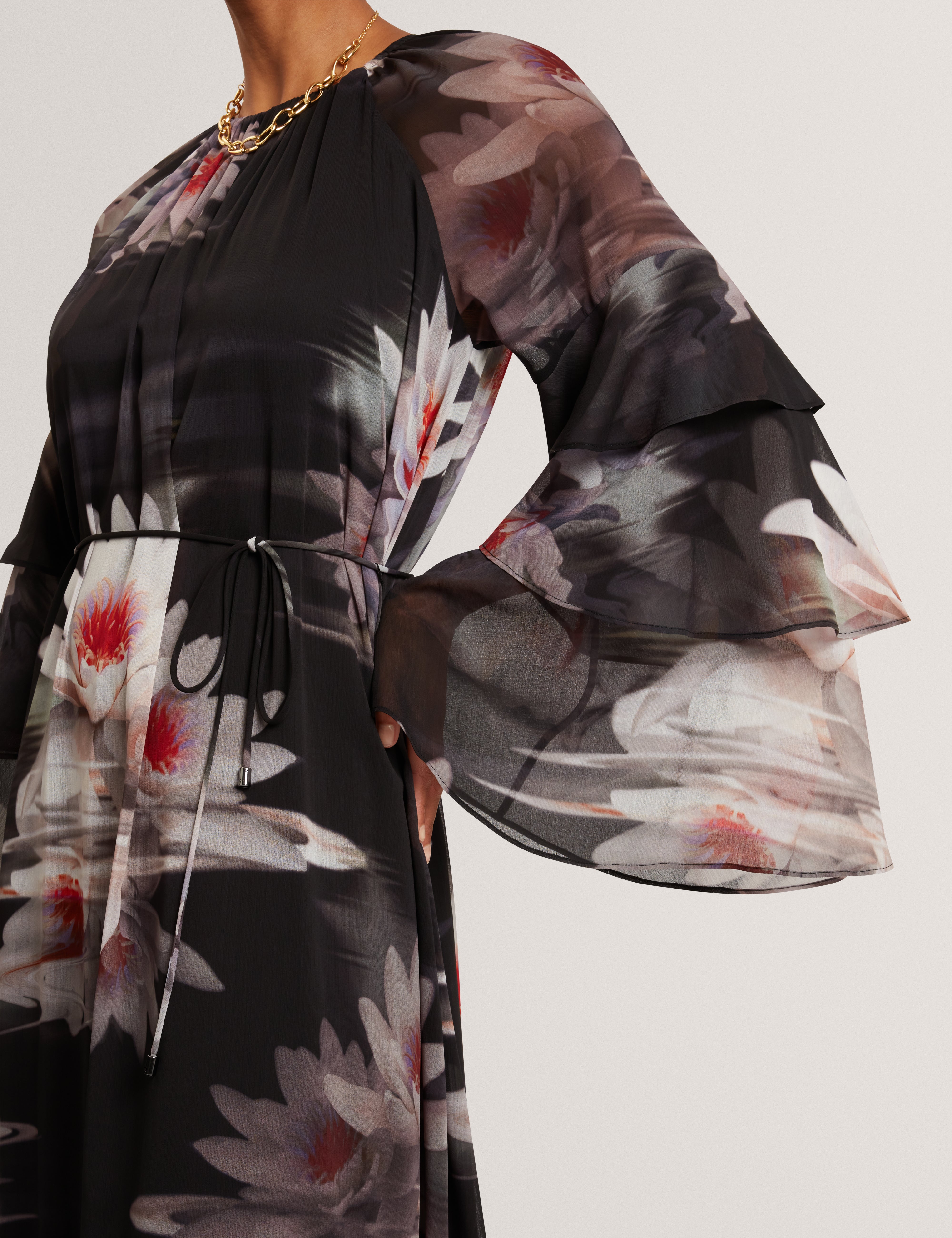 Moliia Ruffled Long Sleeve Printed Maxi Dress Black