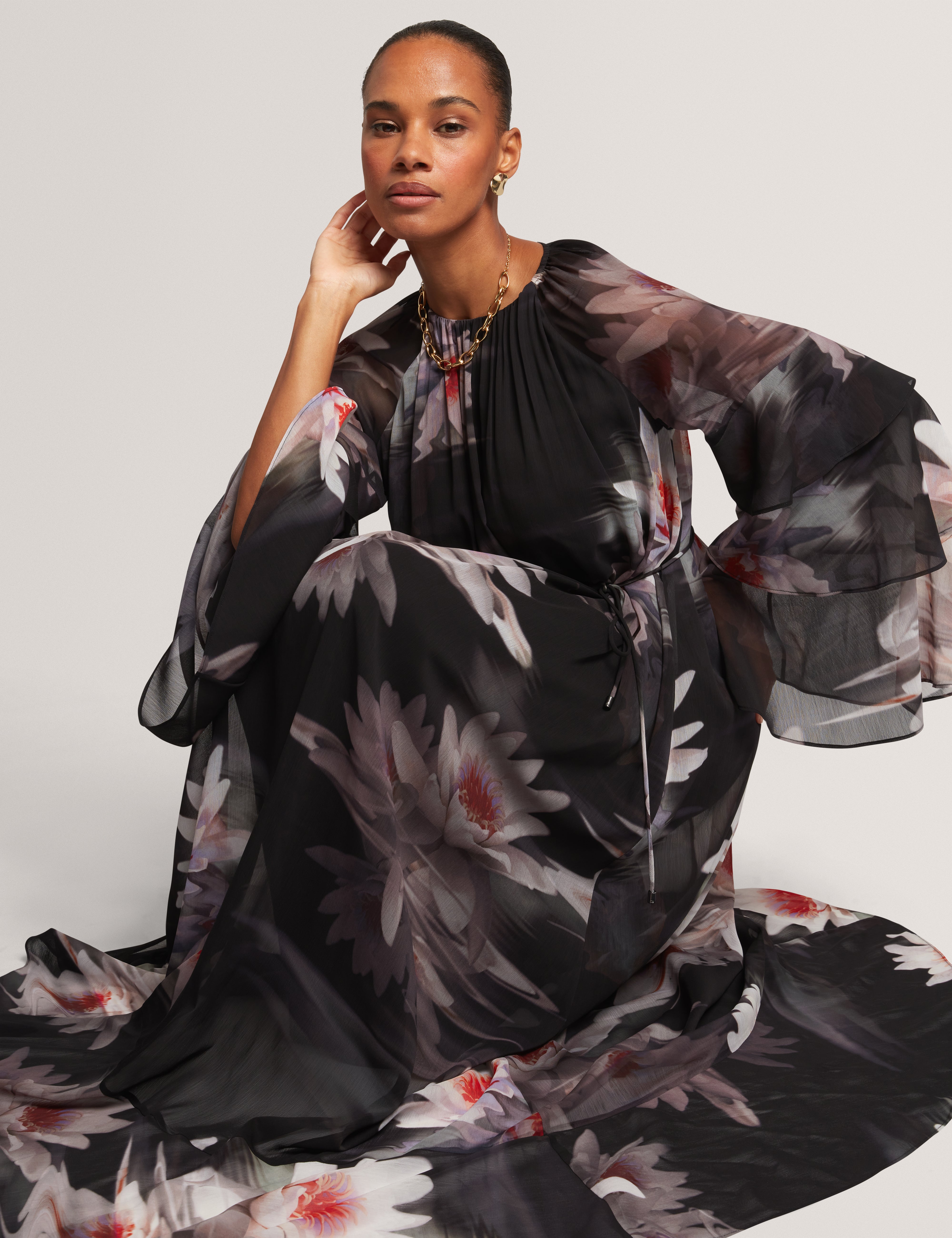 Moliia Ruffled Long Sleeve Printed Maxi Dress Black