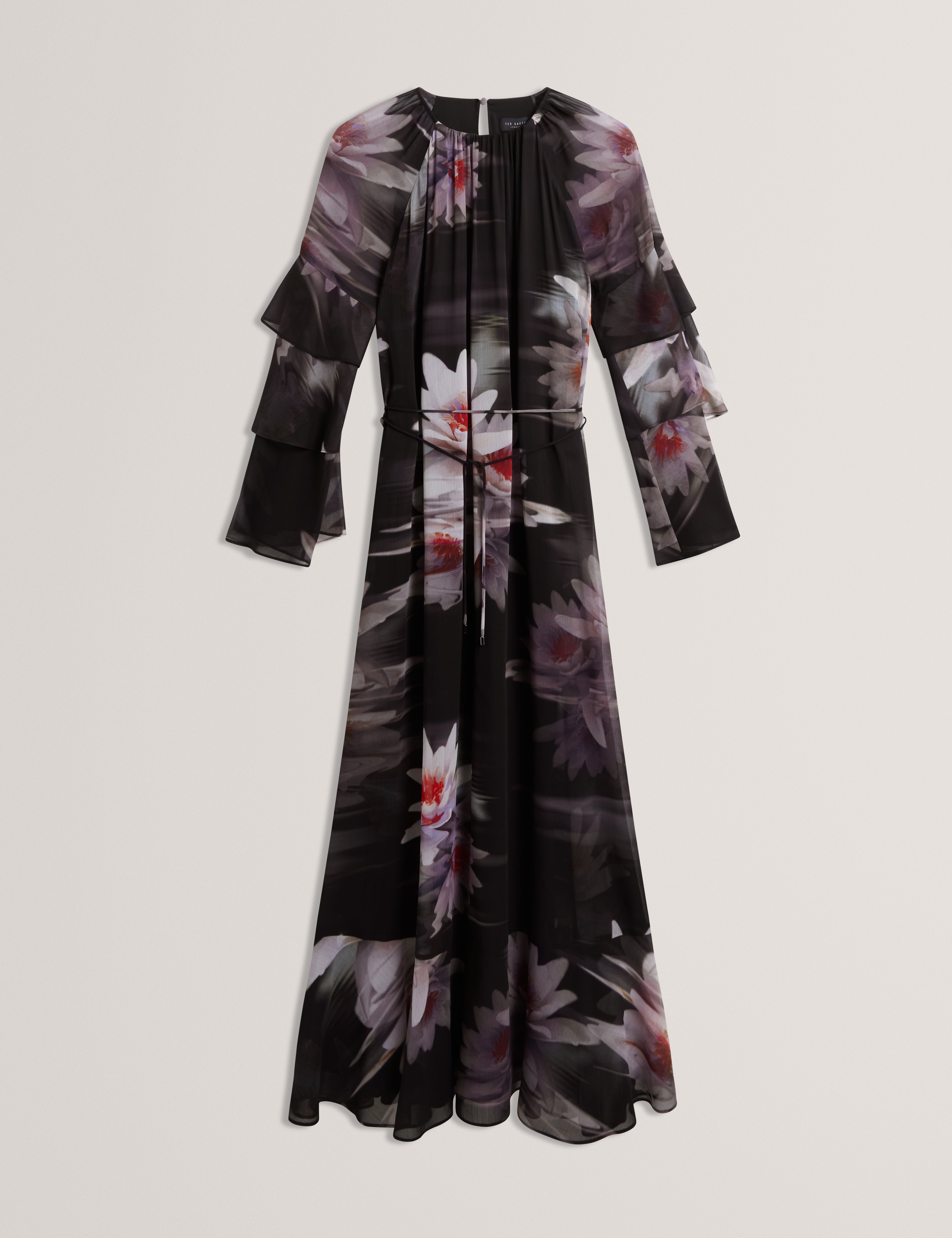 Moliia Ruffled Long Sleeve Printed Maxi Dress Black