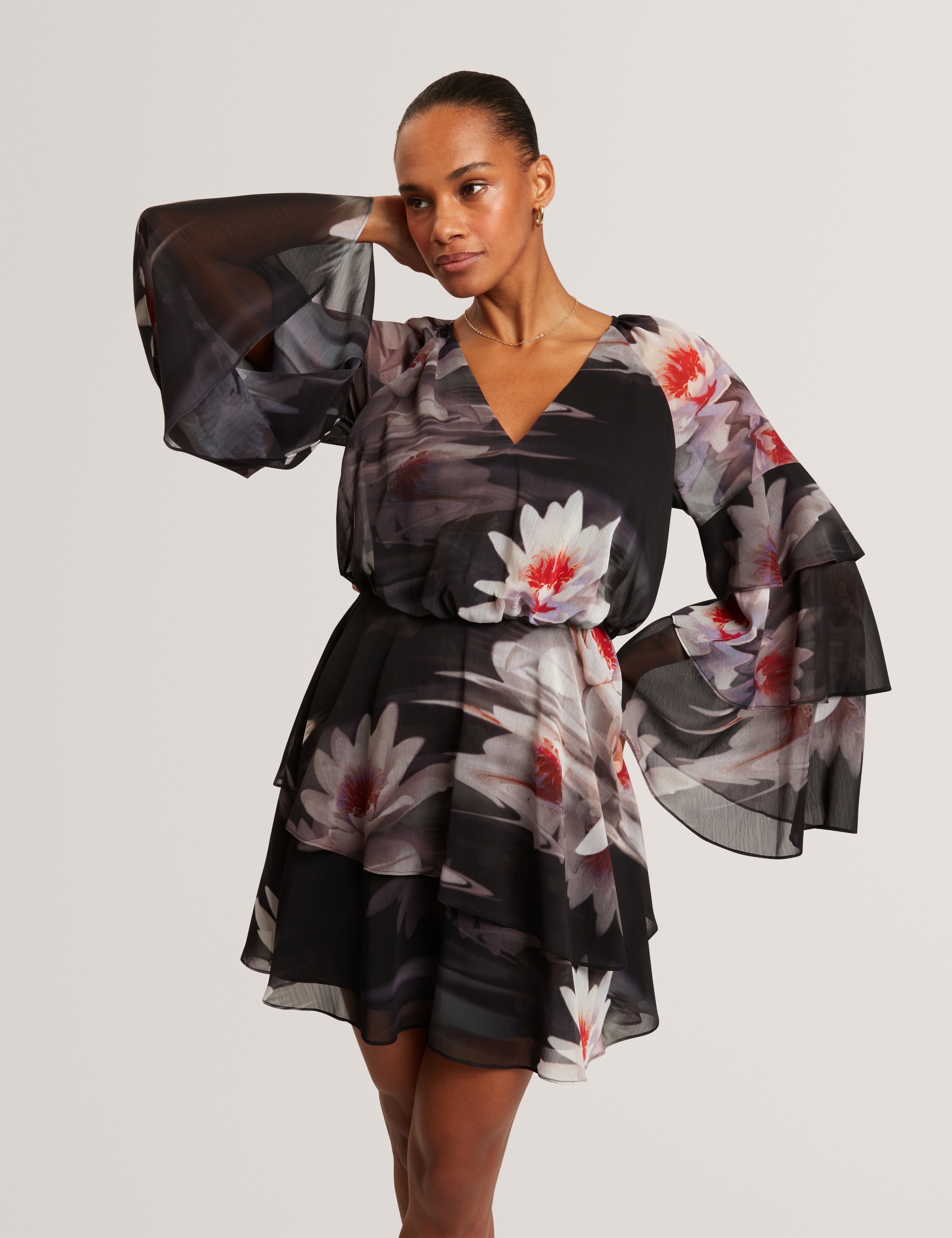 Nayvie Ruffled Long Sleeve Printed Mini Dress Black