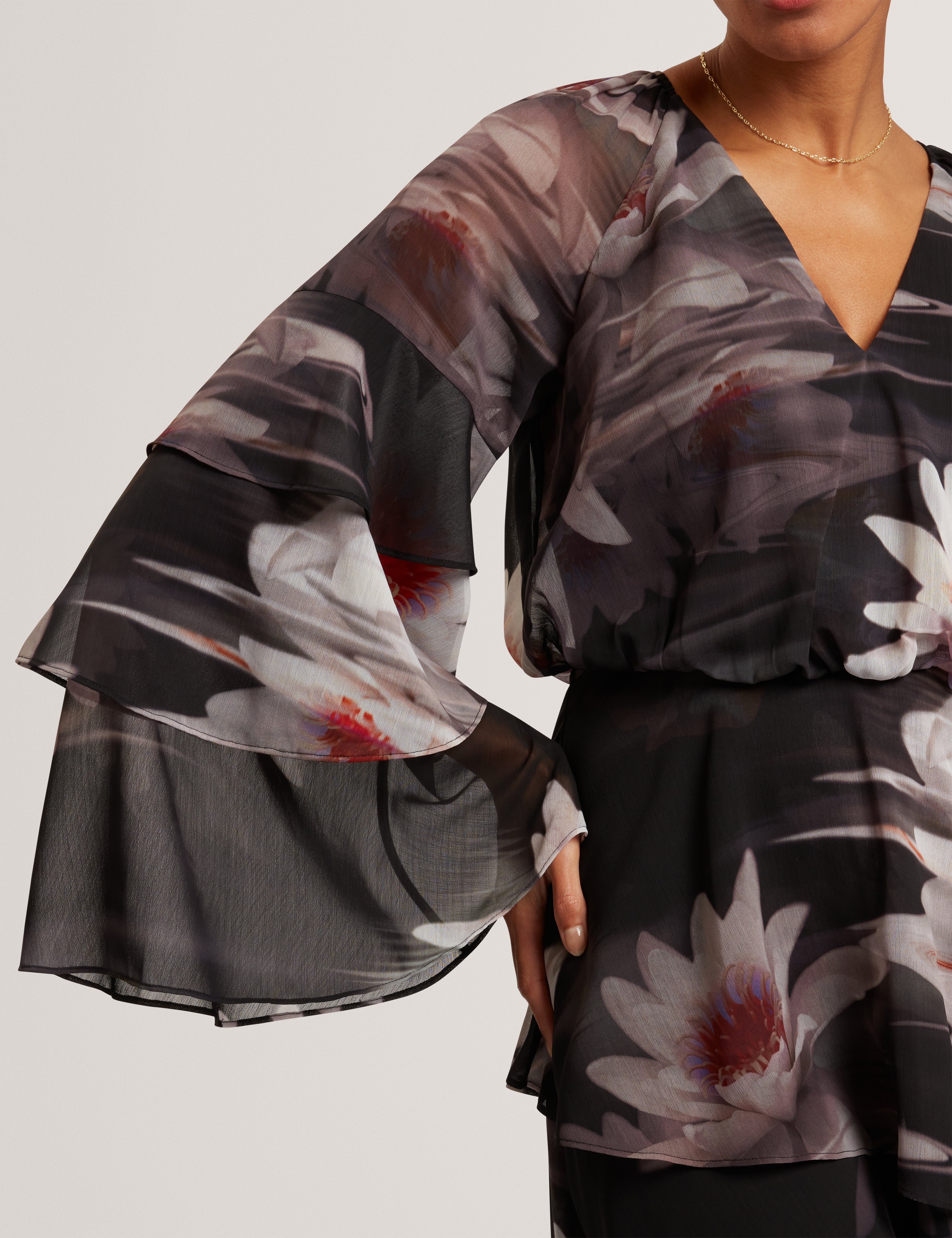 Nayvie Ruffled Long Sleeve Printed Mini Dress Black