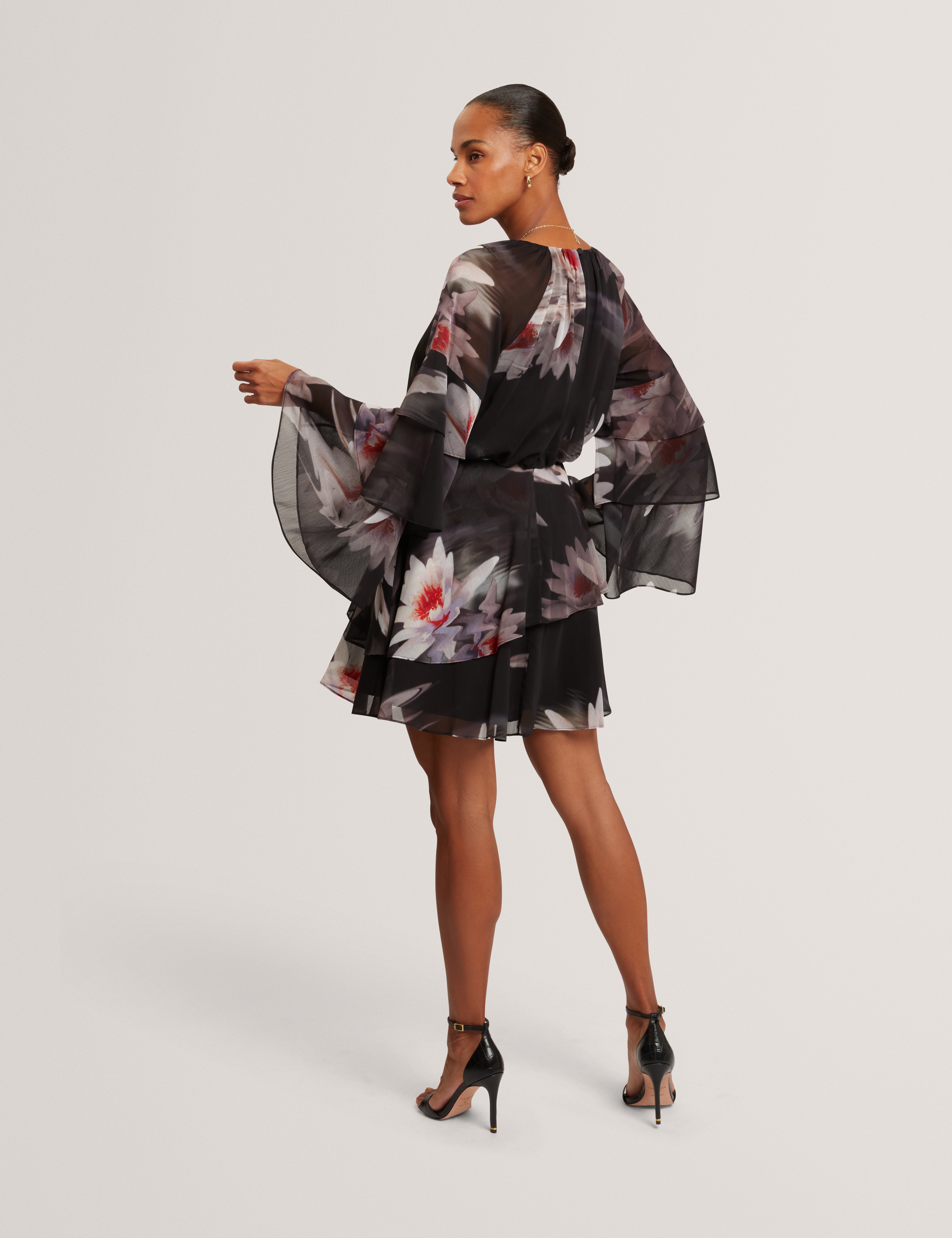 Nayvie Ruffled Long Sleeve Printed Mini Dress Black