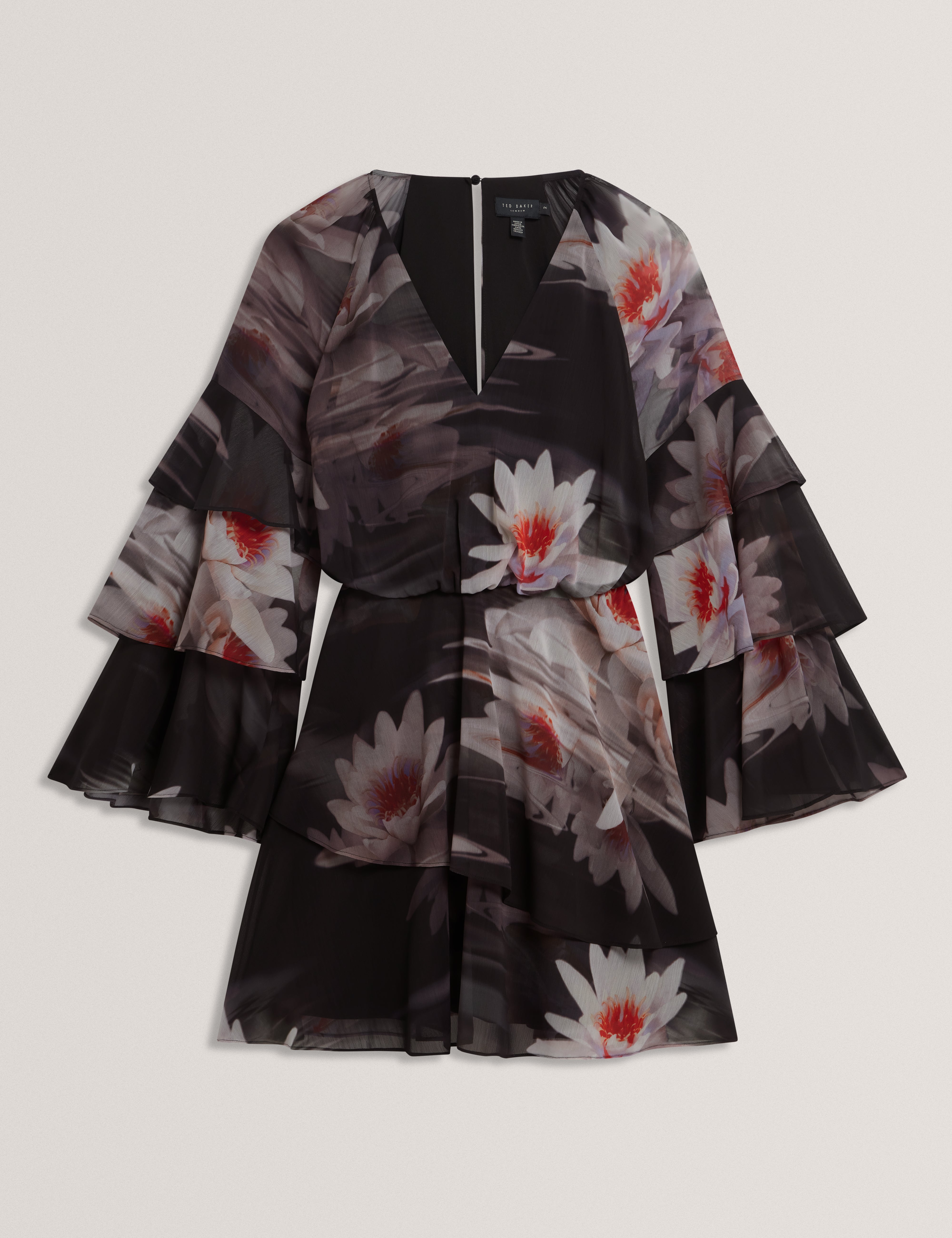 Nayvie Ruffled Long Sleeve Printed Mini Dress Black
