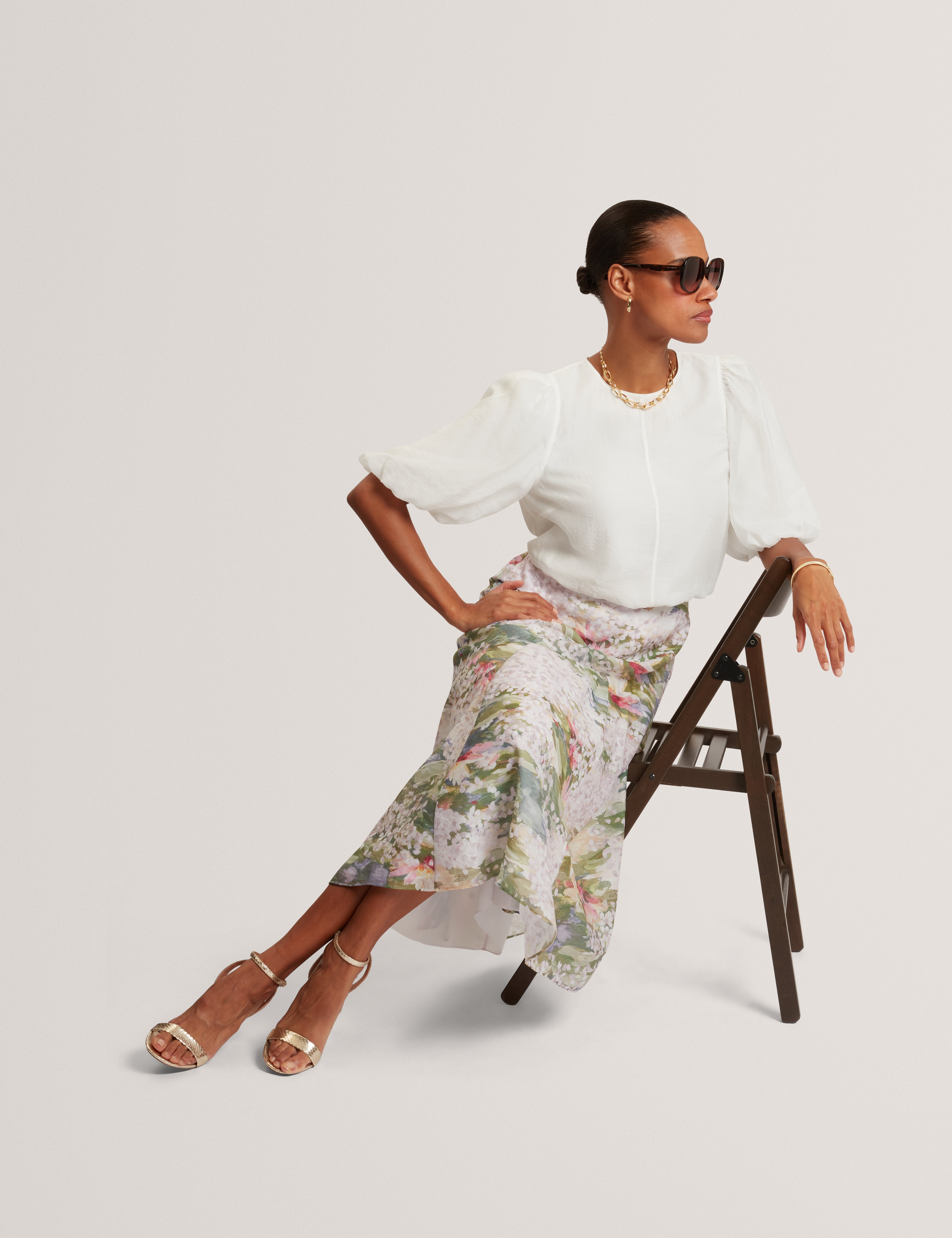 Layda Printed Midi Skirt With Diagonal Seam Detail Pink