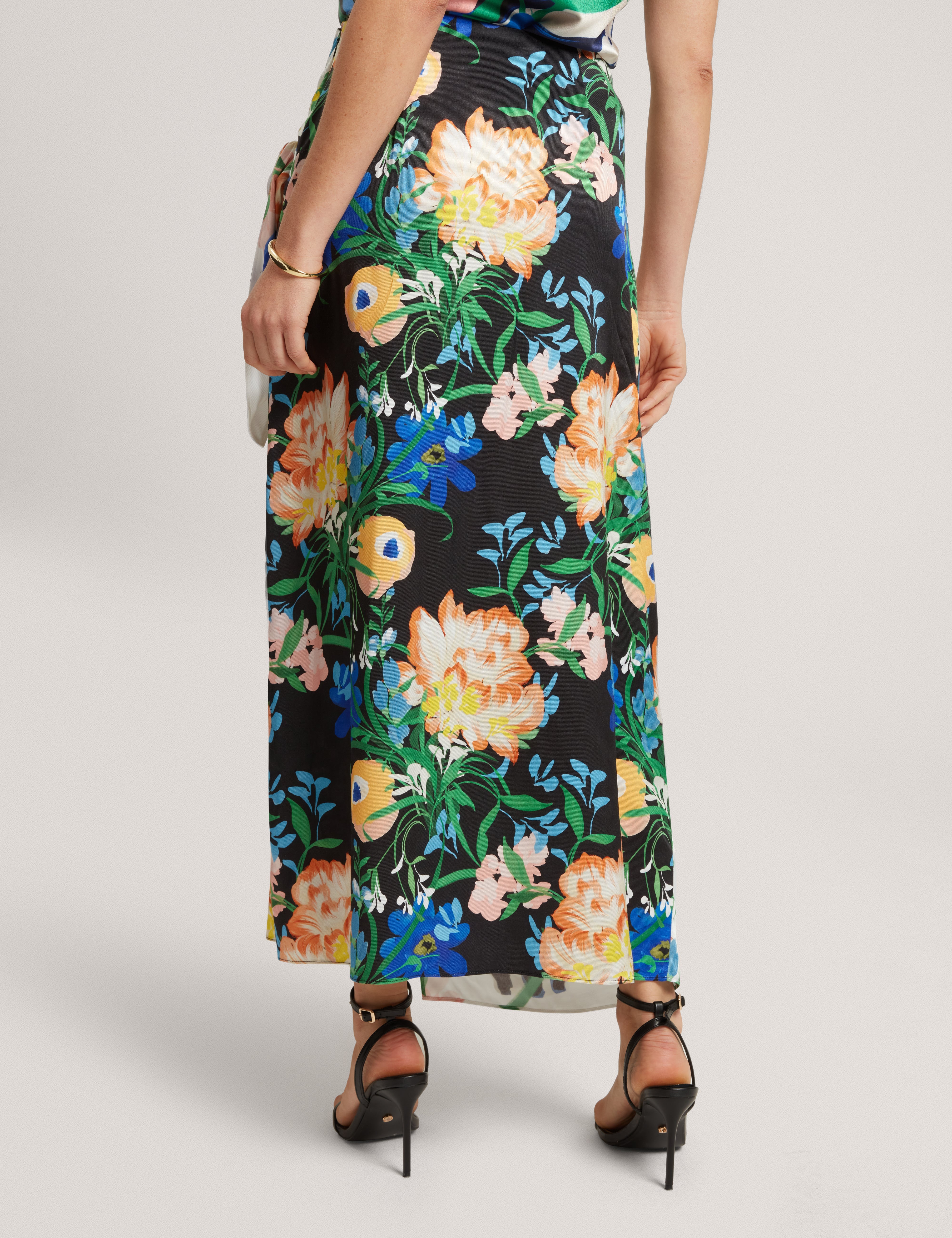 Allmia Floral Print Knot Detail Wrap Midi Skirt Black