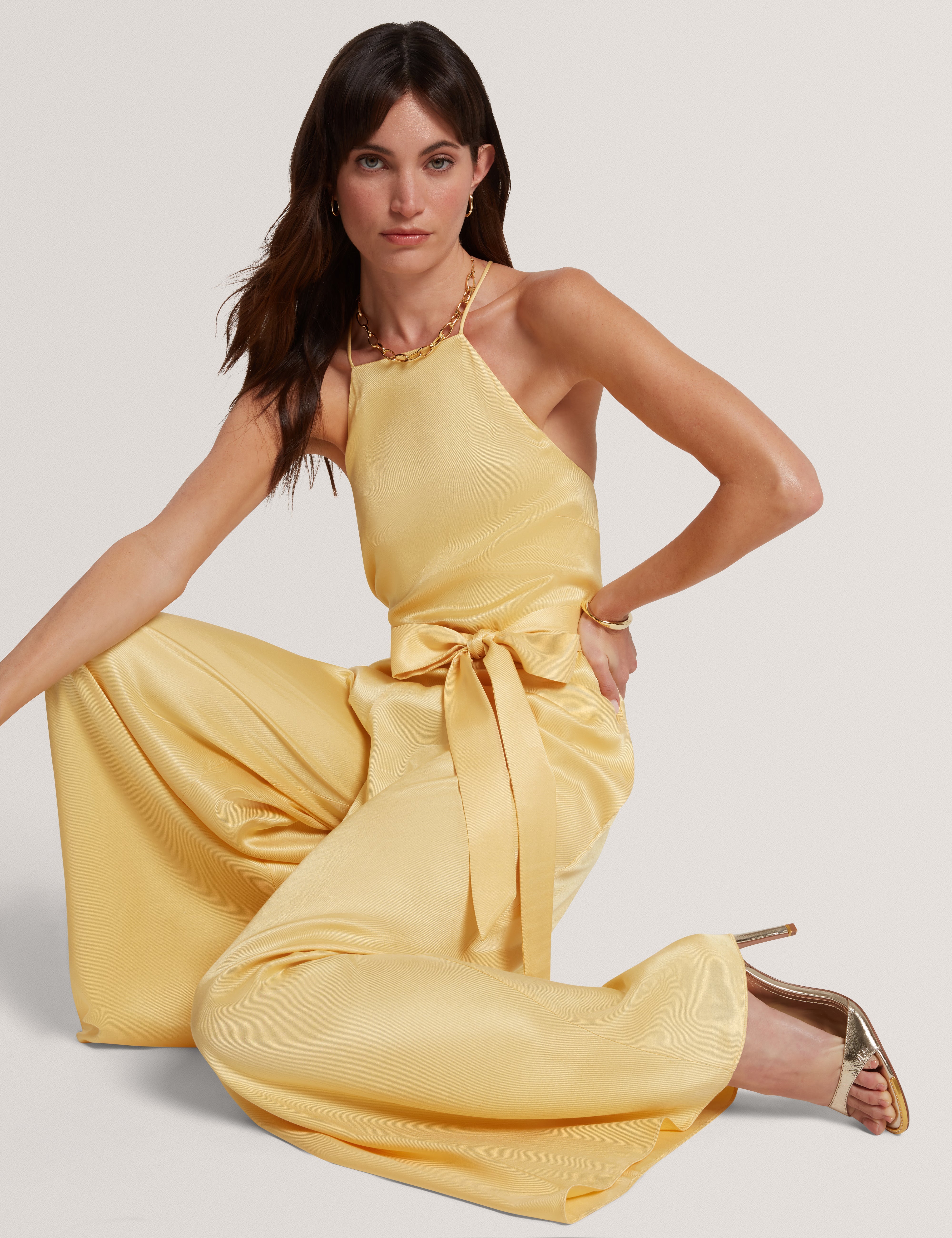 Innzia Belted Halter Neck Jumpsuit Lt-Yellow