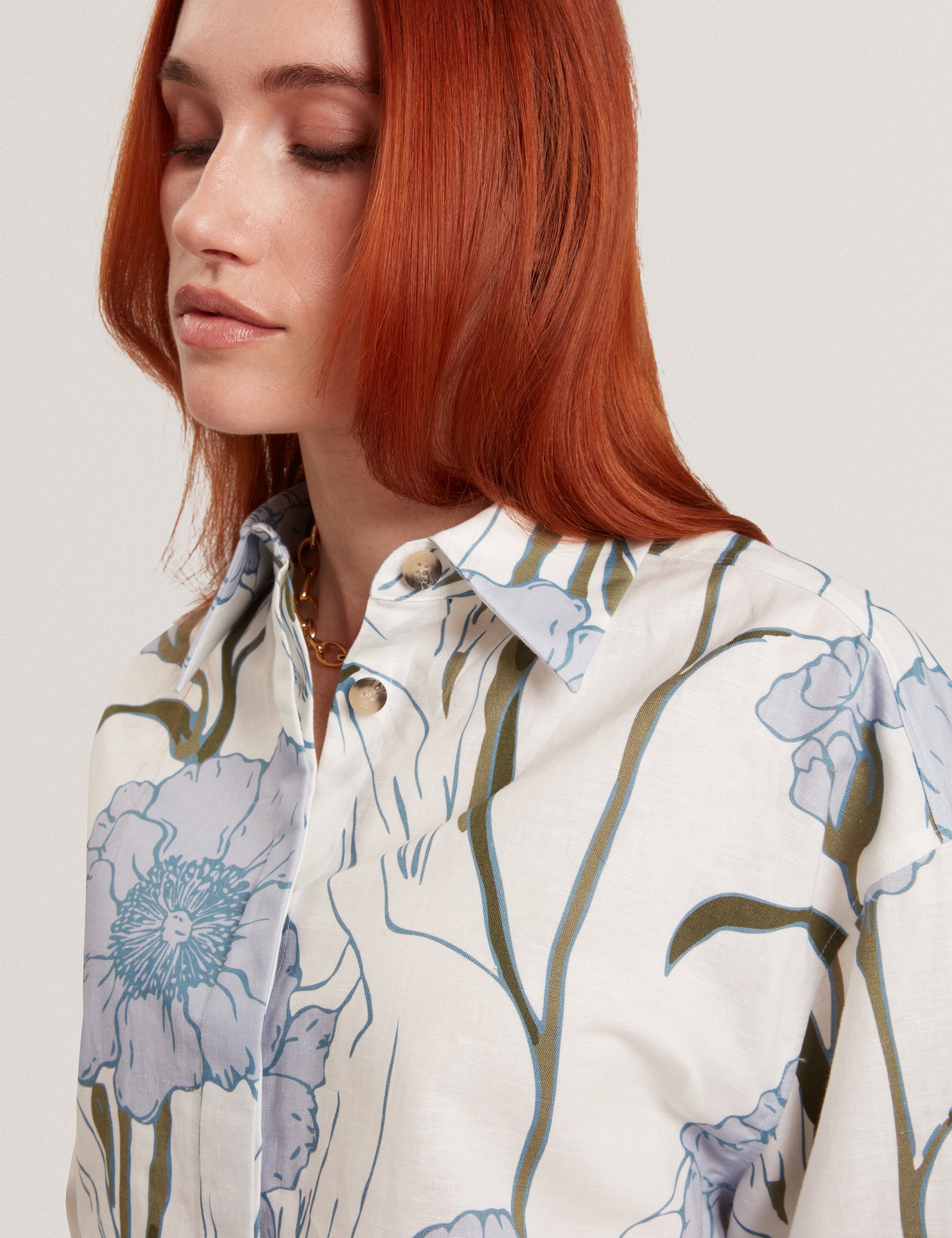 Bara Printed Boxy Linen Blend Shirt Ivory