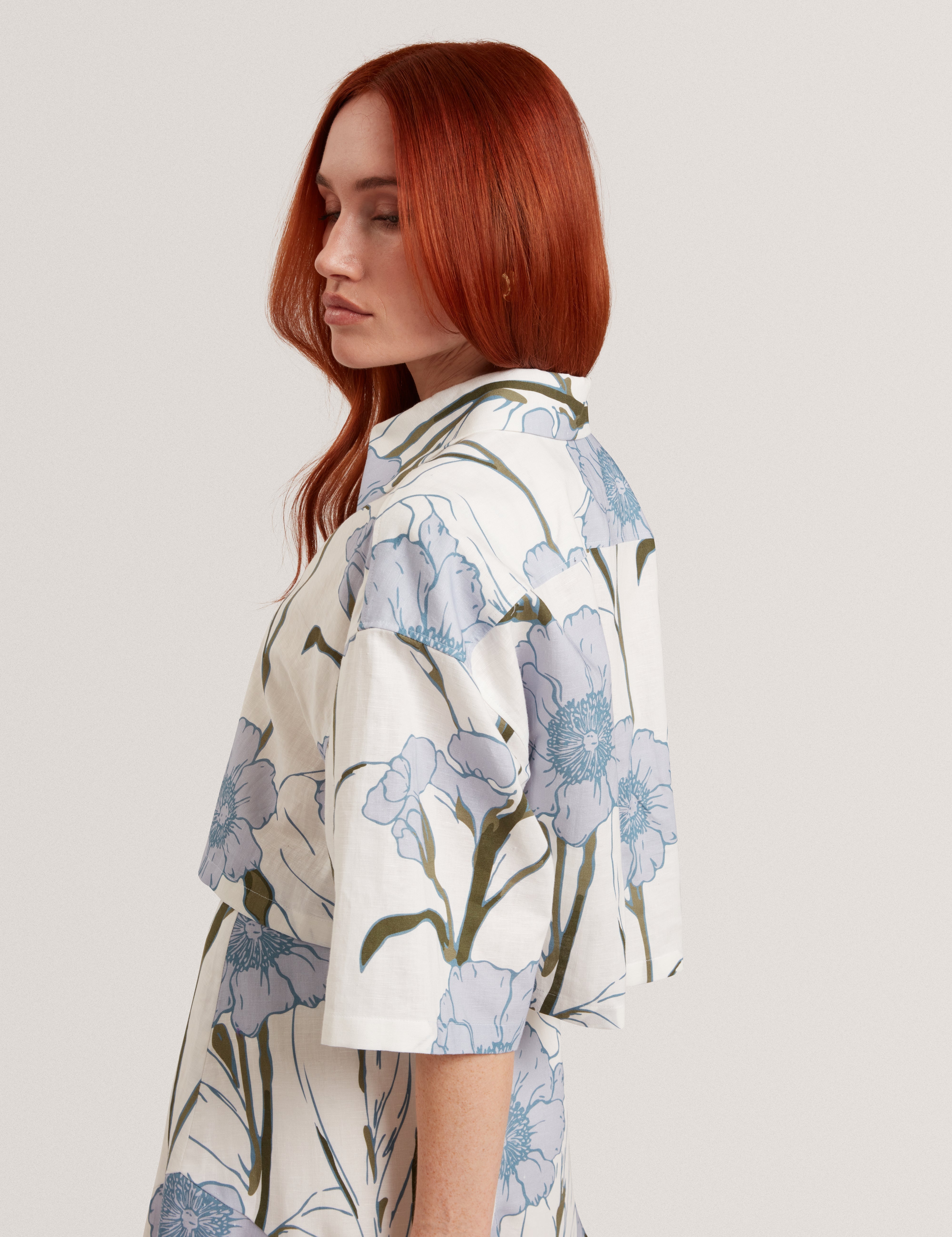 Bara Printed Boxy Linen Blend Shirt Ivory