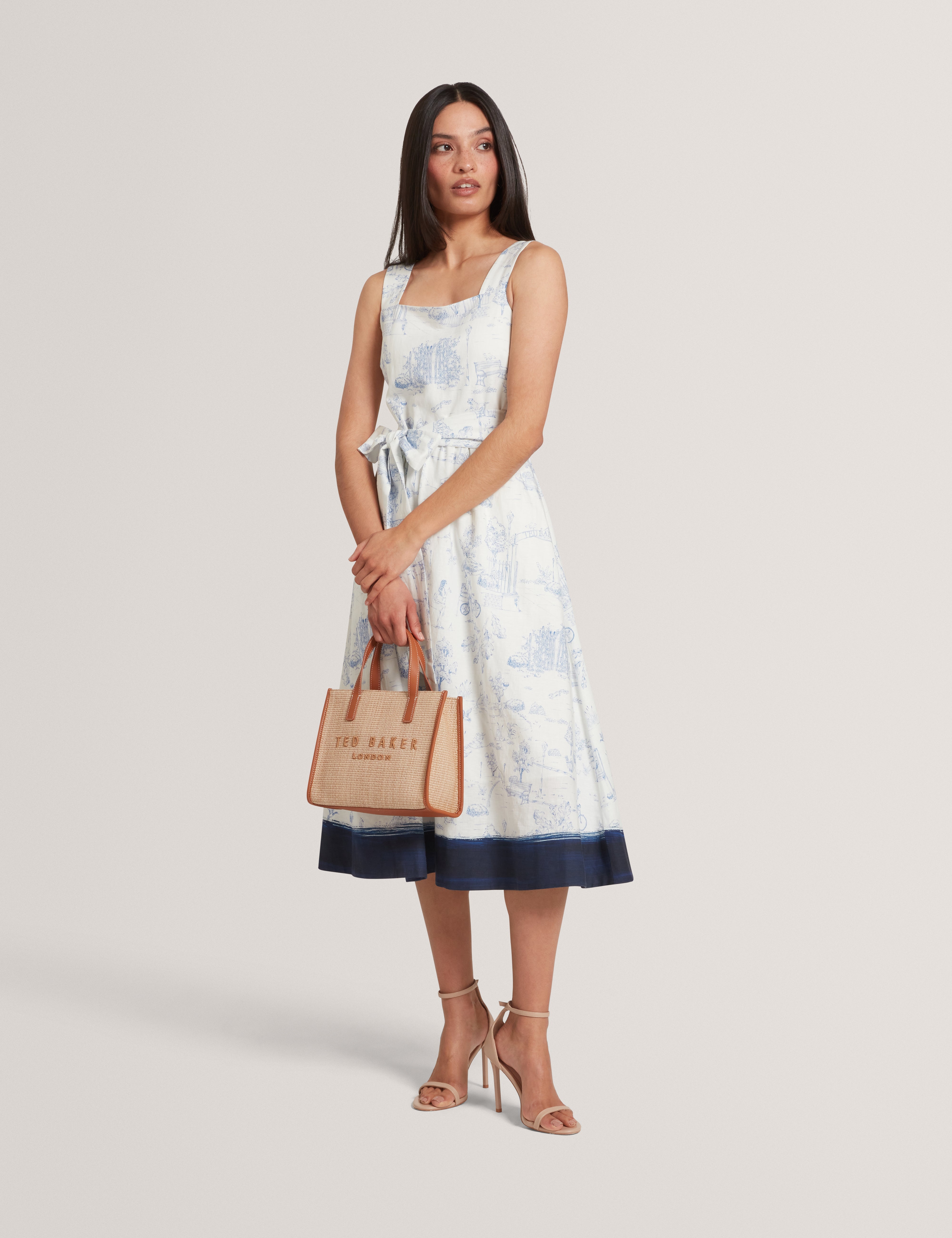 Celesa Linen Blend Printed Tie Waist Midi Dress White