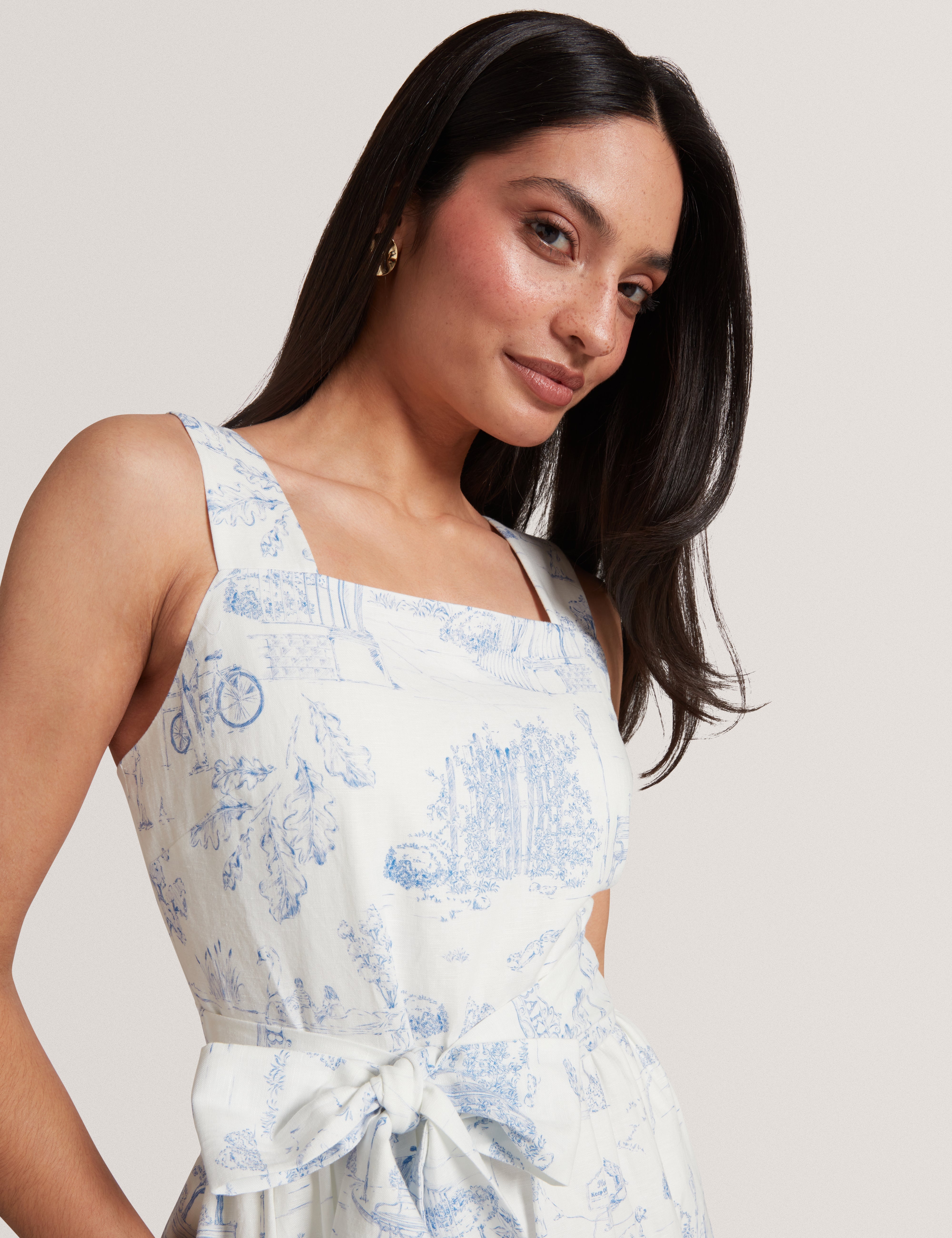 Celesa Linen Blend Printed Tie Waist Midi Dress White