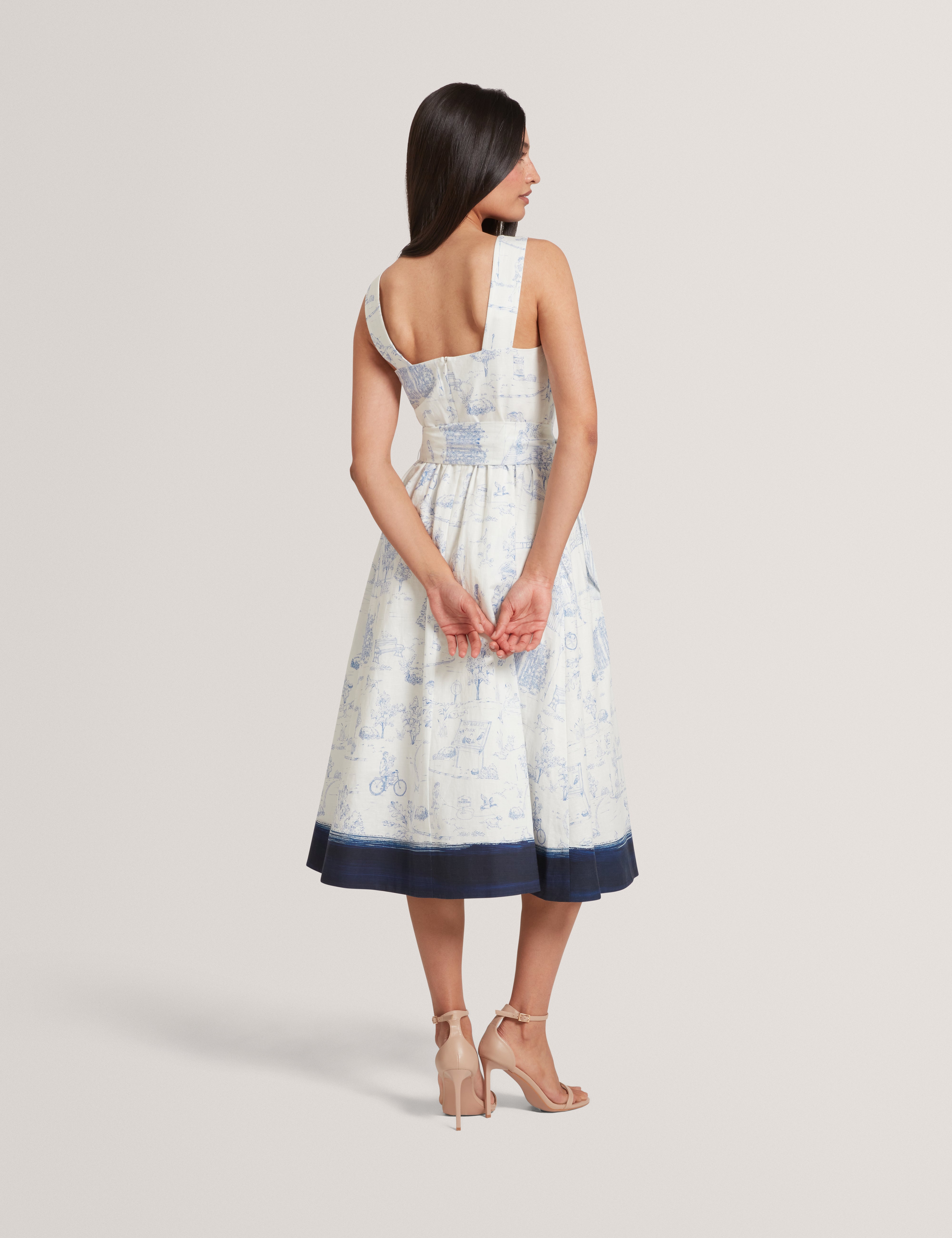 Celesa Linen Blend Printed Tie Waist Midi Dress White