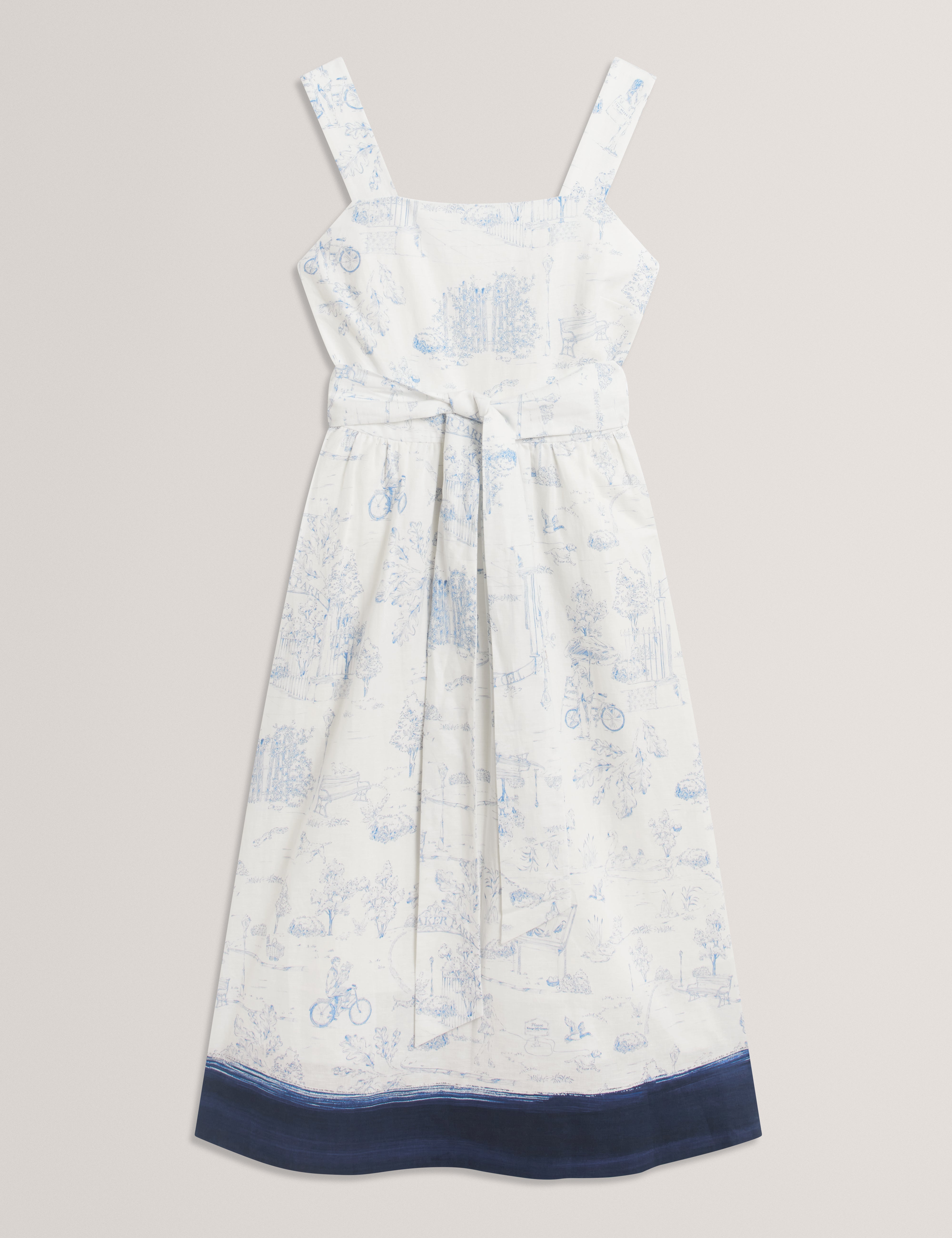 Celesa Linen Blend Printed Tie Waist Midi Dress White
