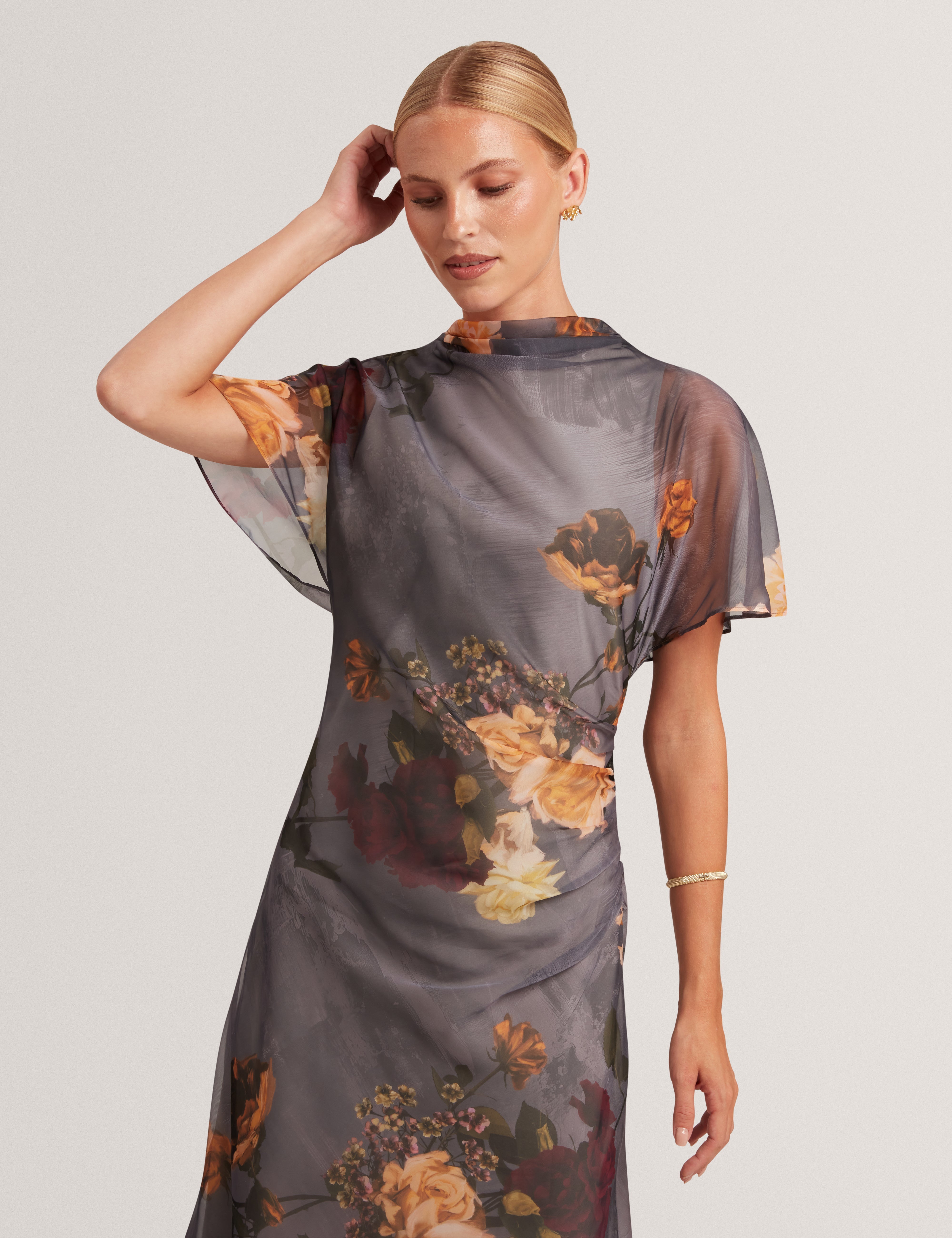 Noelha Printed Drape Neck Midi Dress Dk-Grey