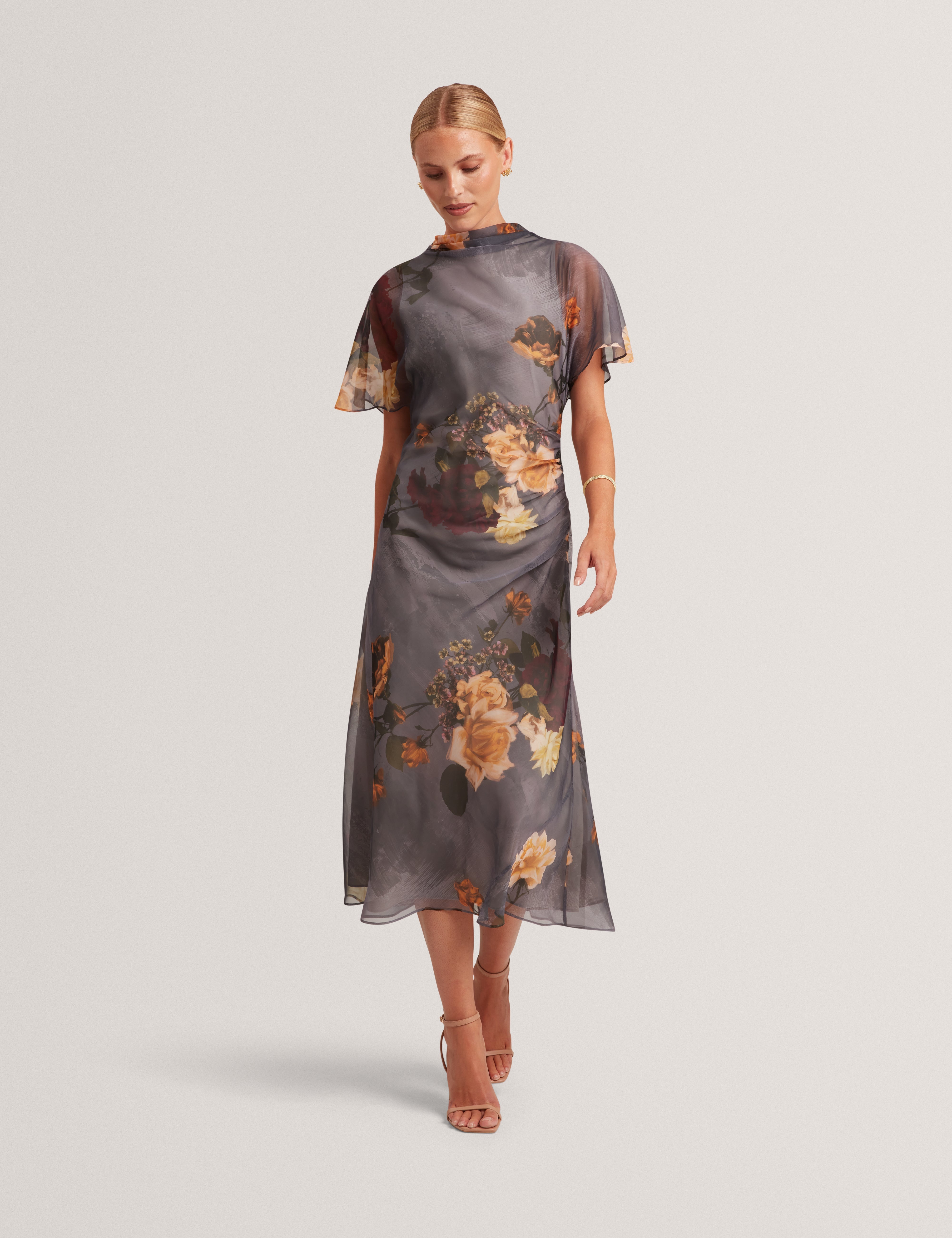 Noelha Printed Drape Neck Midi Dress Dk-Grey