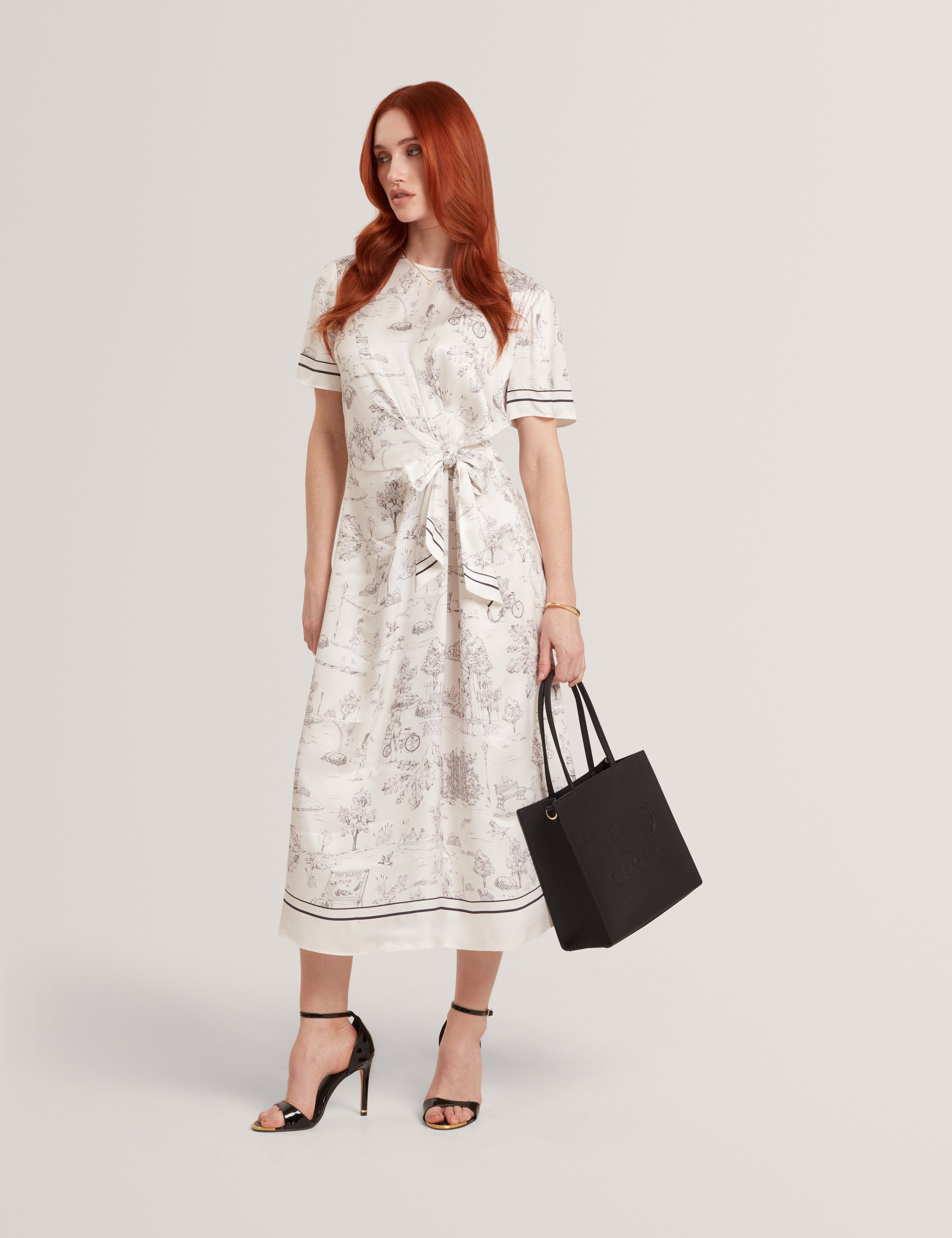 Dakohta Printed Tie Detail Midi T-Shirt Dress Ivory