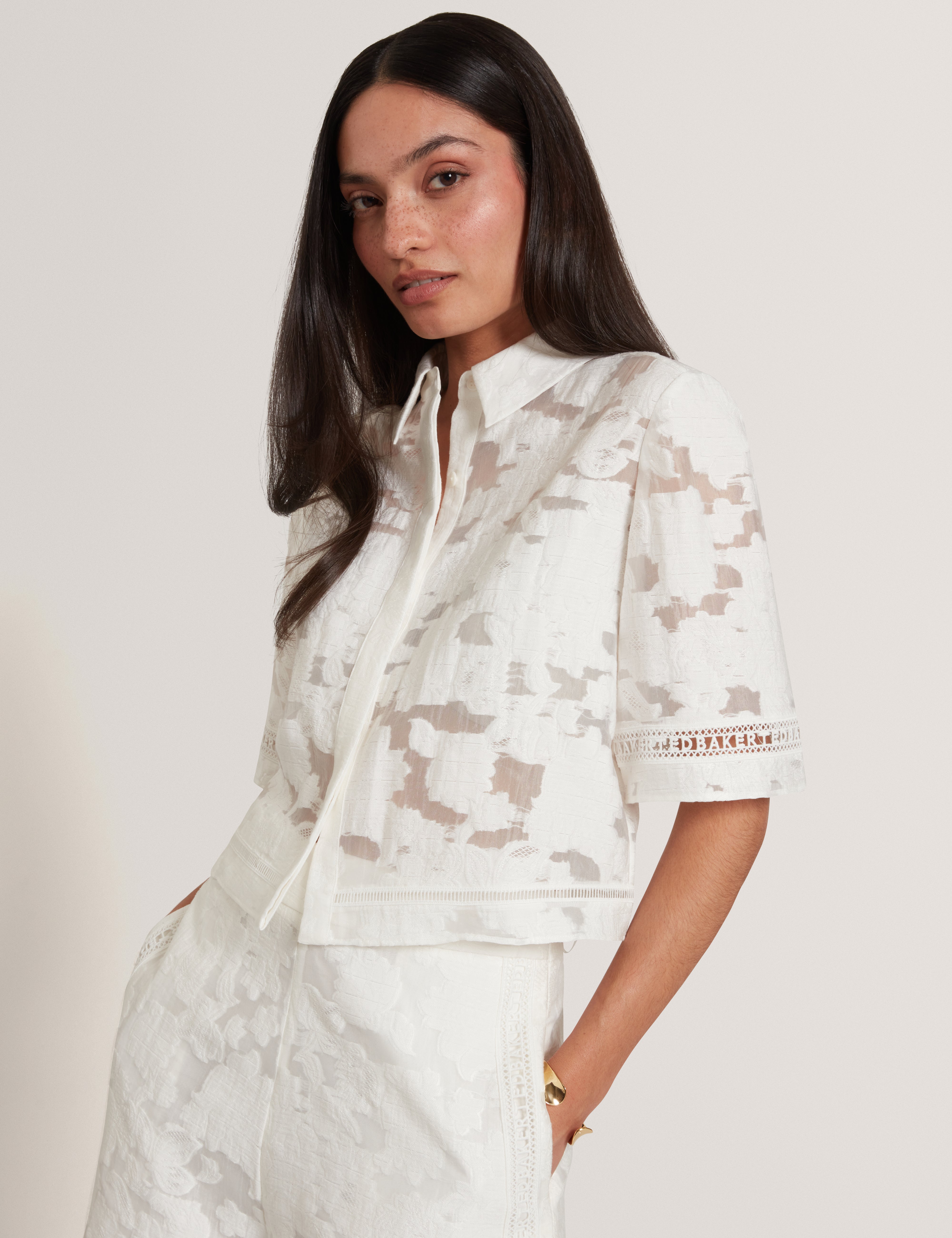 Khayt Textured Boxy Shirt With Ladder Trim White