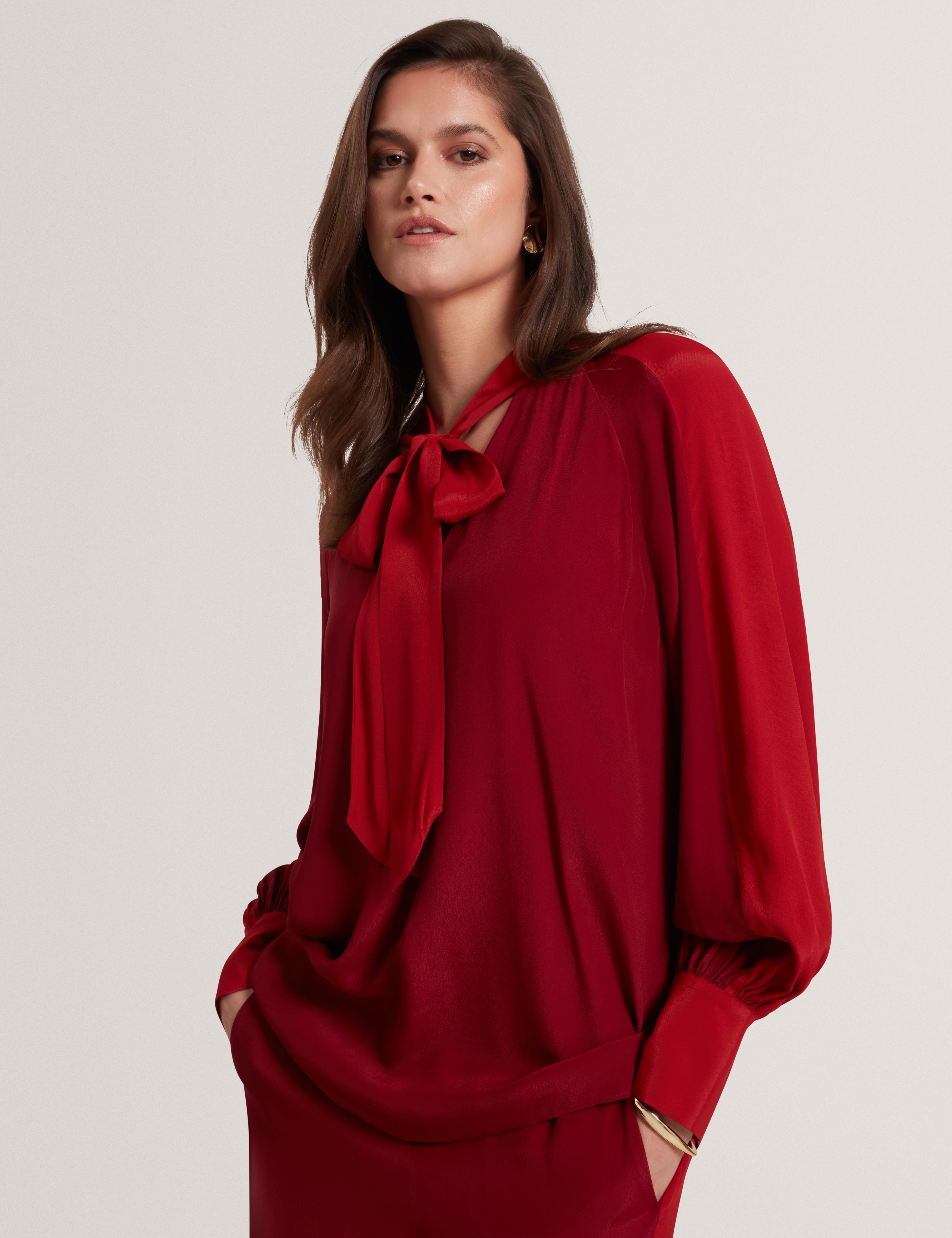 Nehli Tie Neck Long Sleeve Blouse Dk-Red