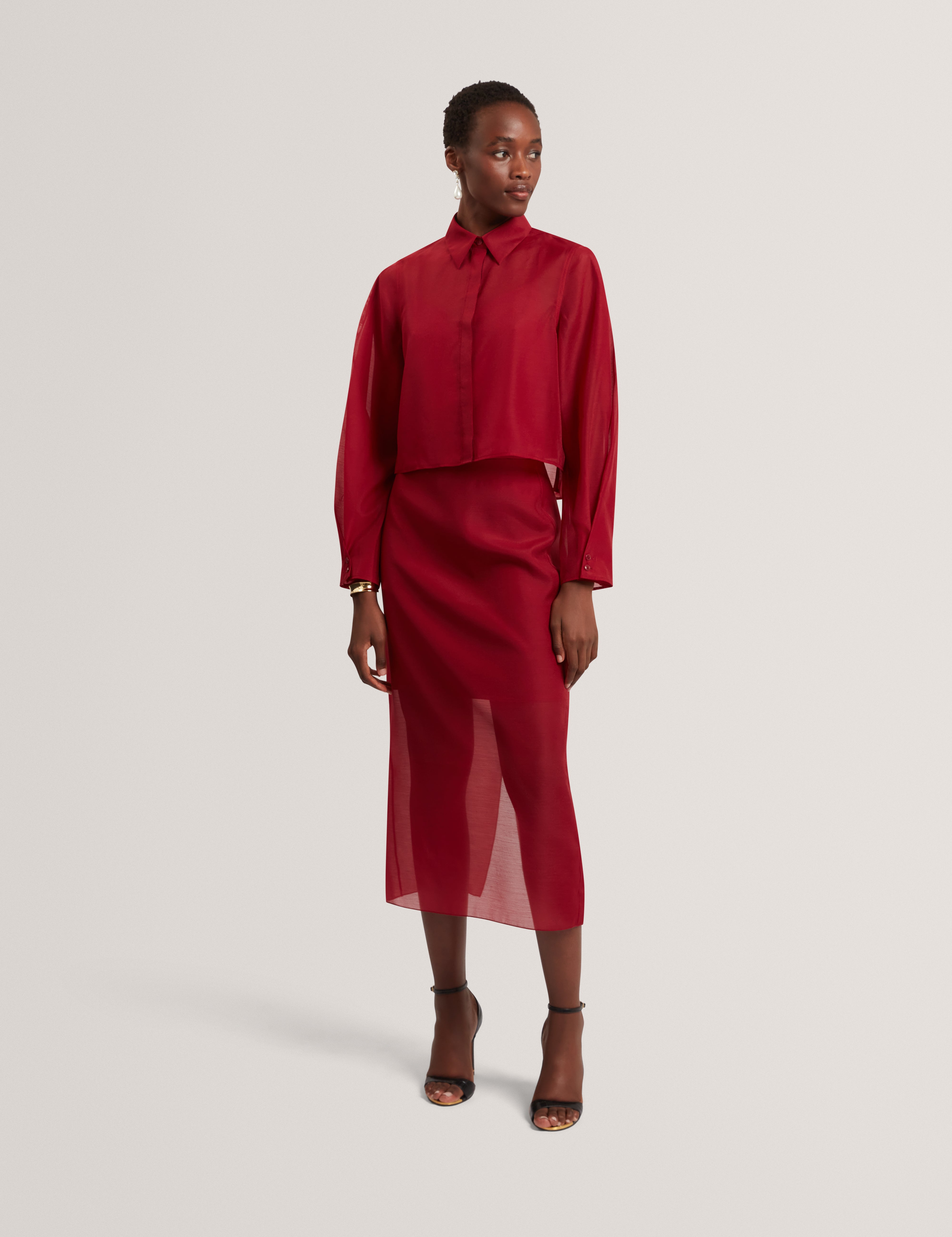 Tilliia Cropped Organza Shirt With Cuff Detail Dk-Red