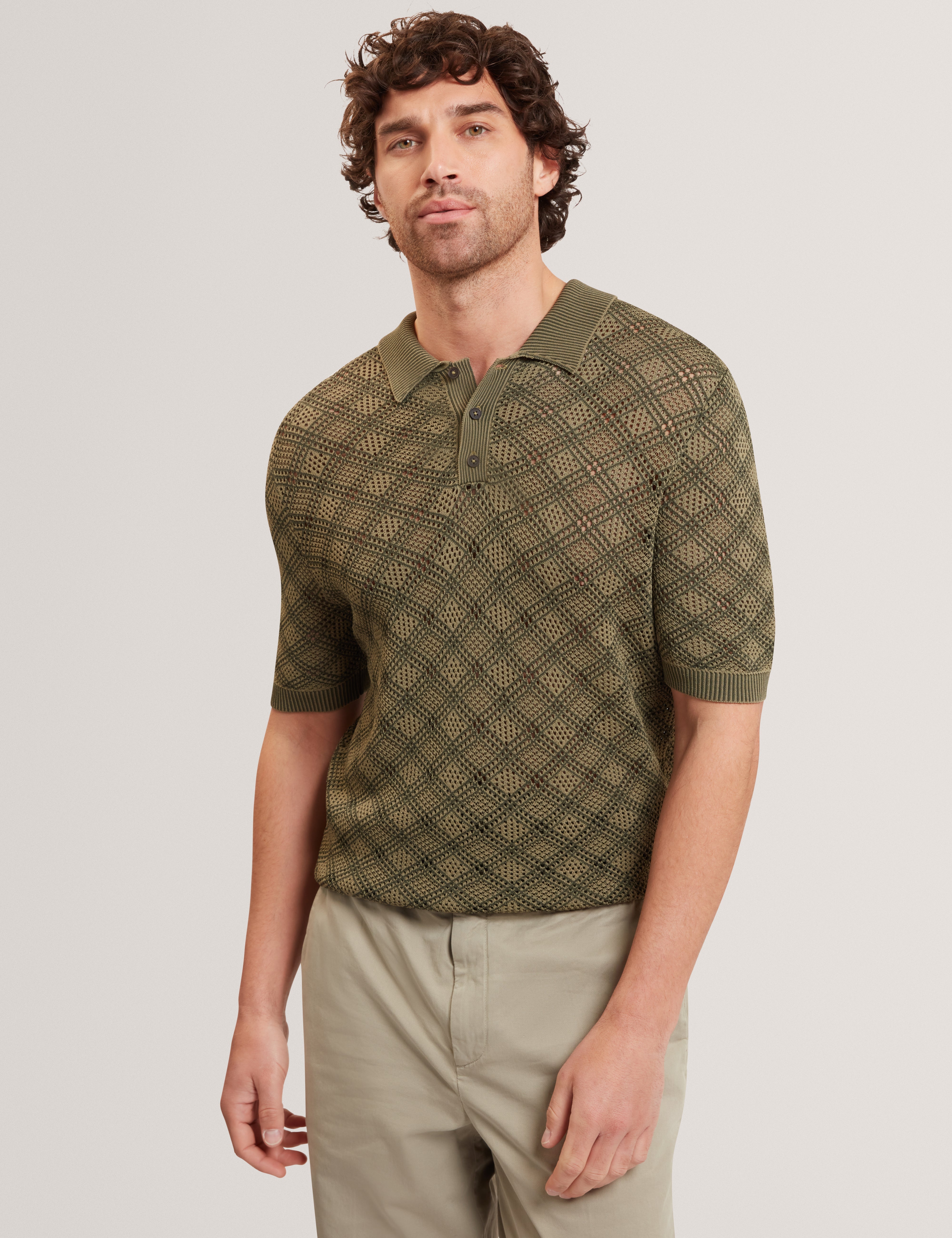 Helme Ss Geometric Stitch Polo Khaki