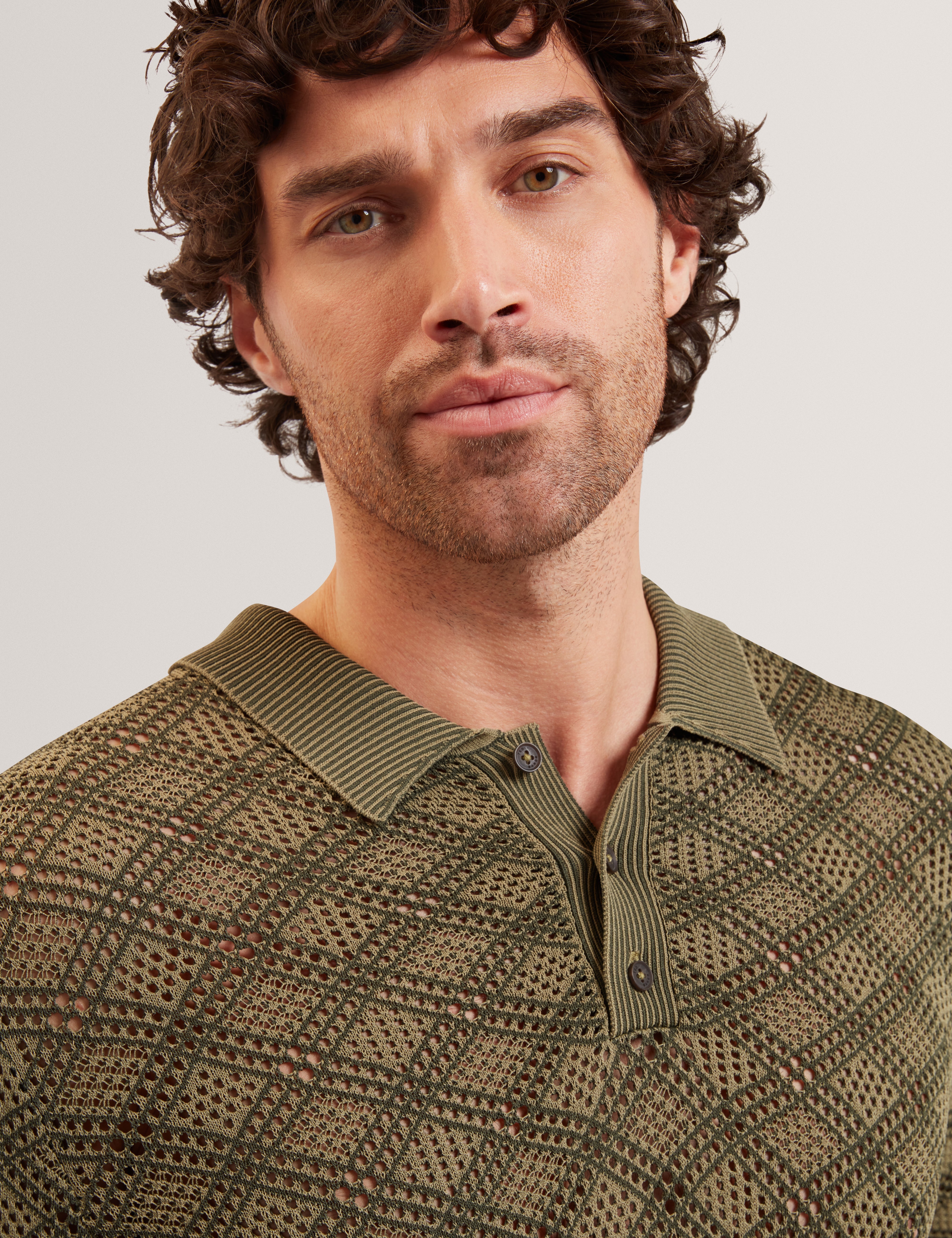 Helme Ss Geometric Stitch Polo Khaki