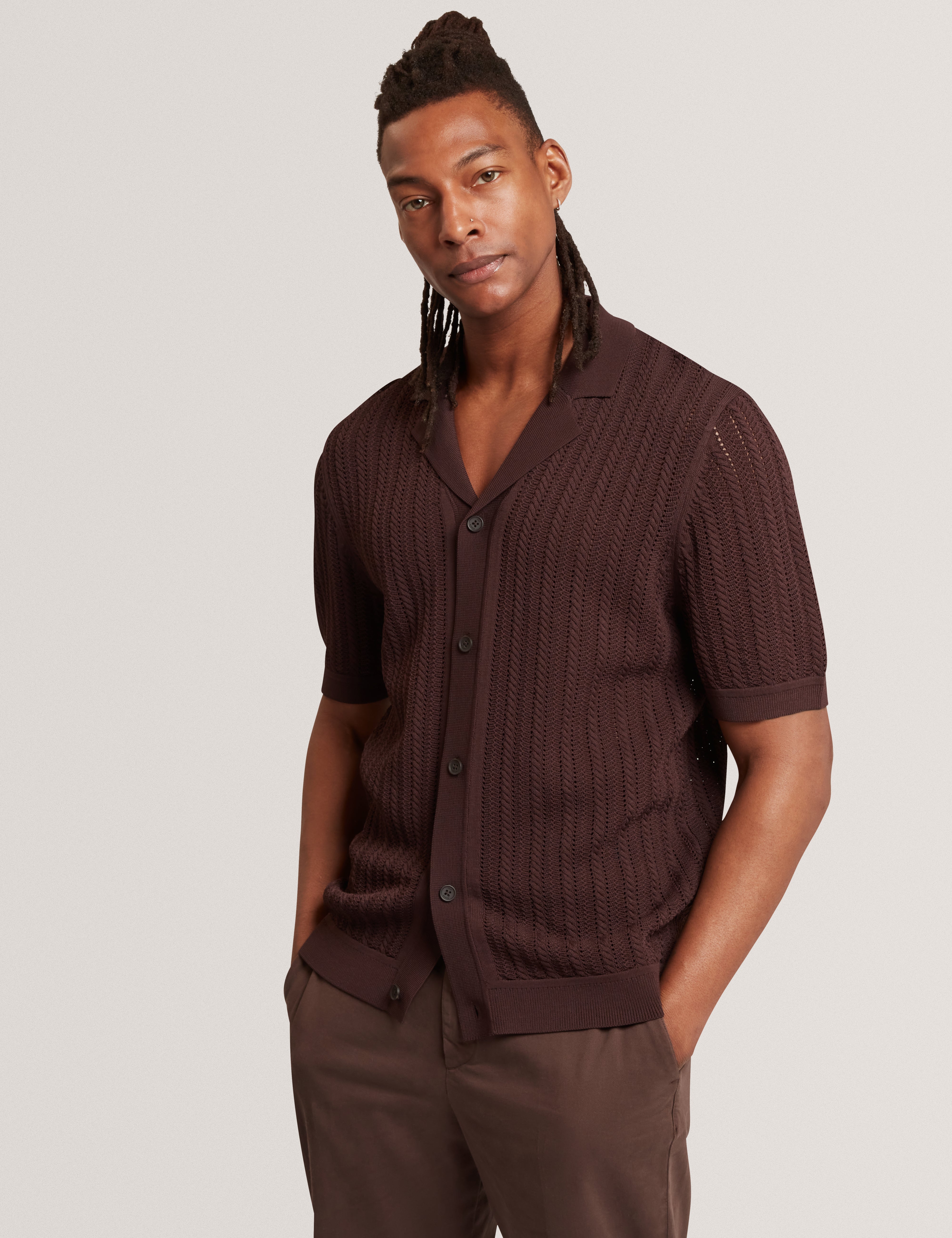 Lound Short Sleeve Stitch Interest Button Through Shirt Brown