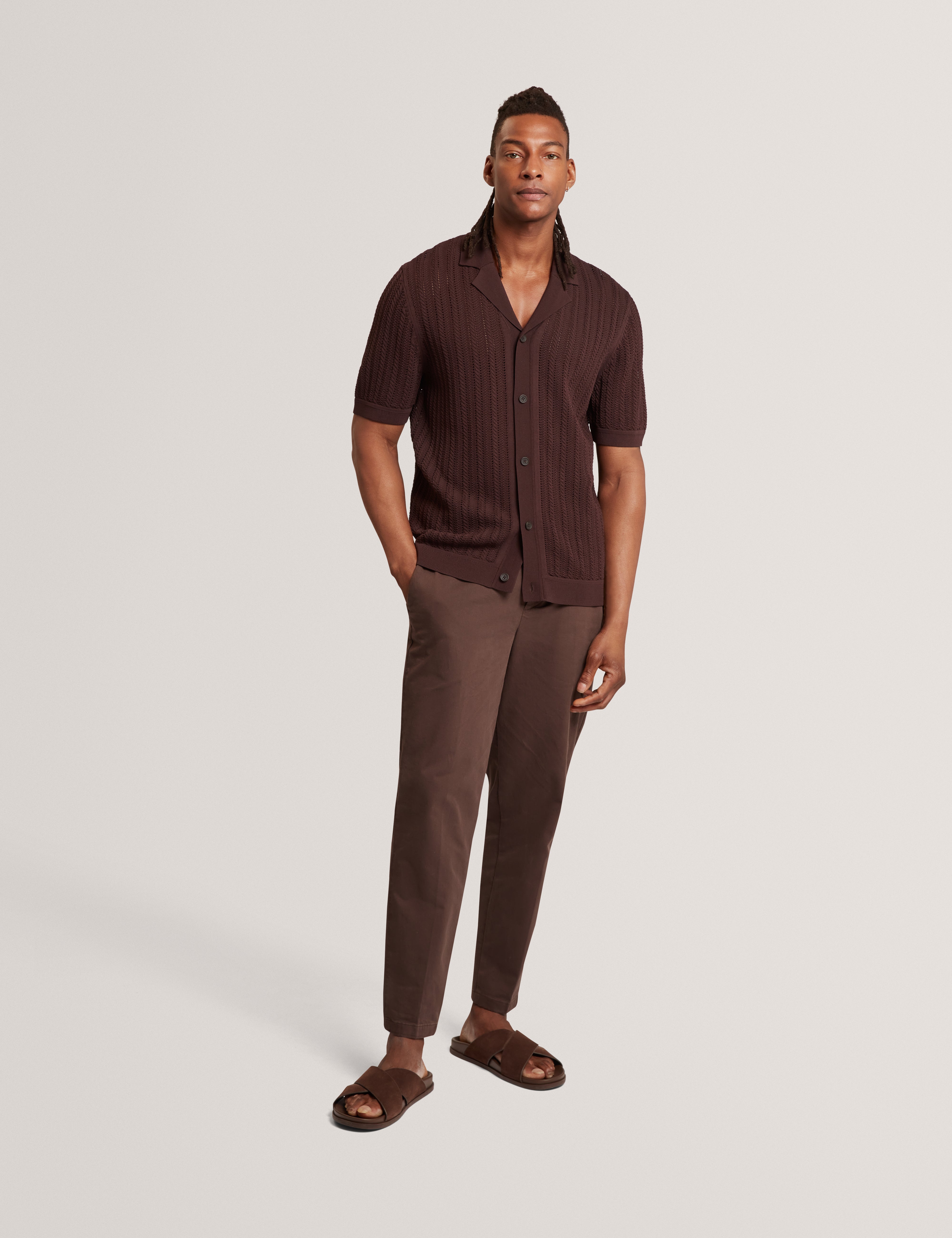 Lound Short Sleeve Stitch Interest Button Through Shirt Brown