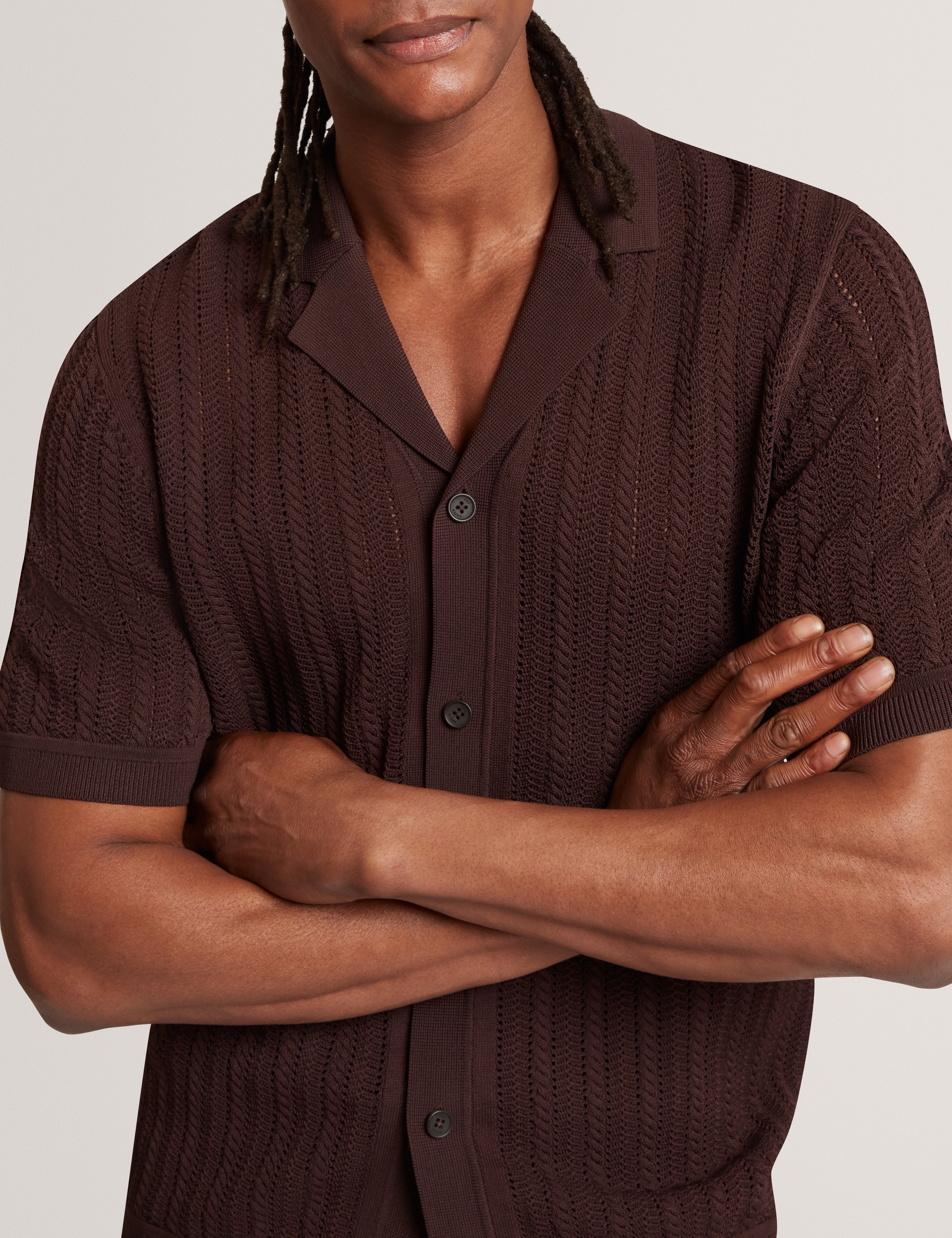 Lound Short Sleeve Stitch Interest Button Through Shirt Brown