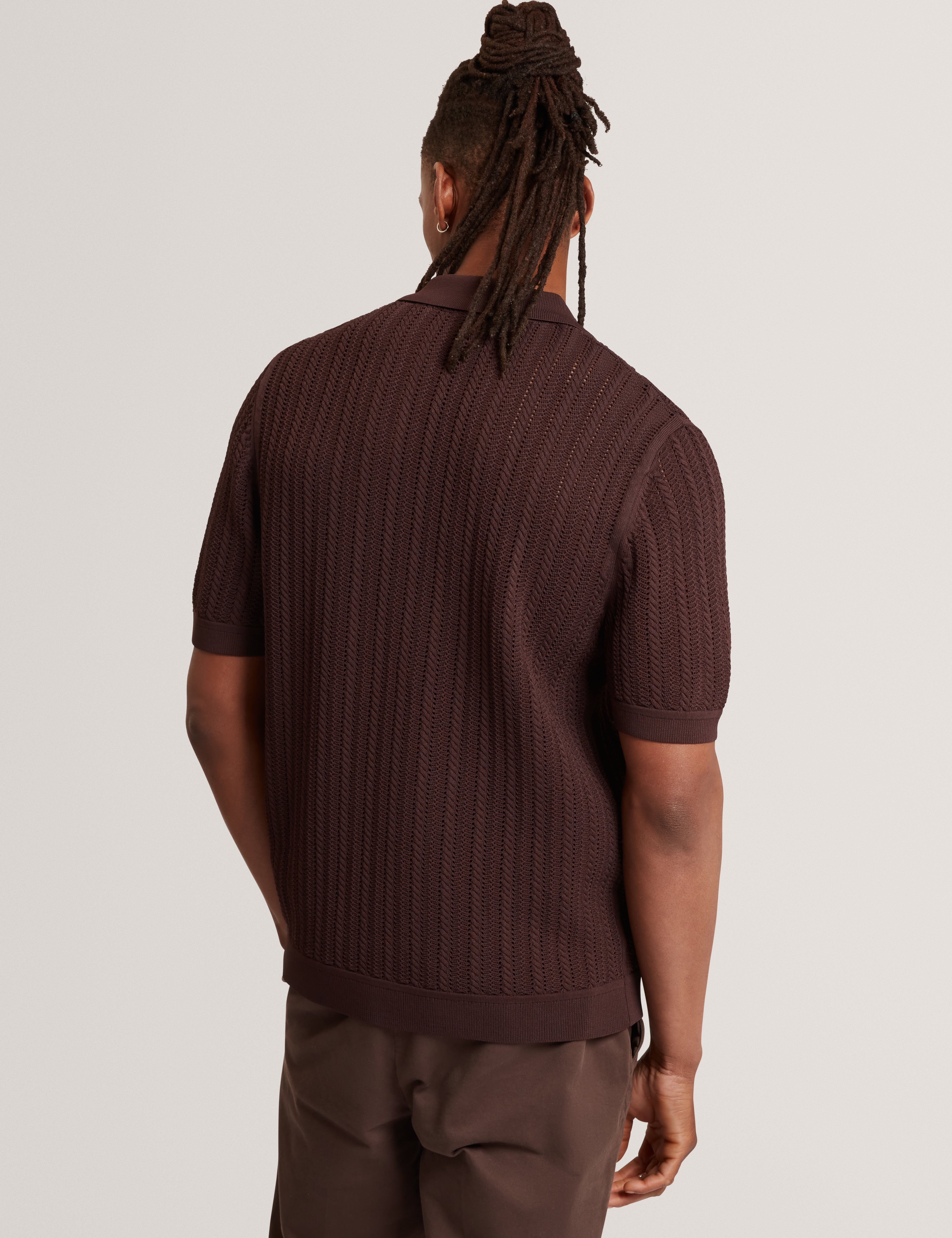Lound Short Sleeve Stitch Interest Button Through Shirt Brown