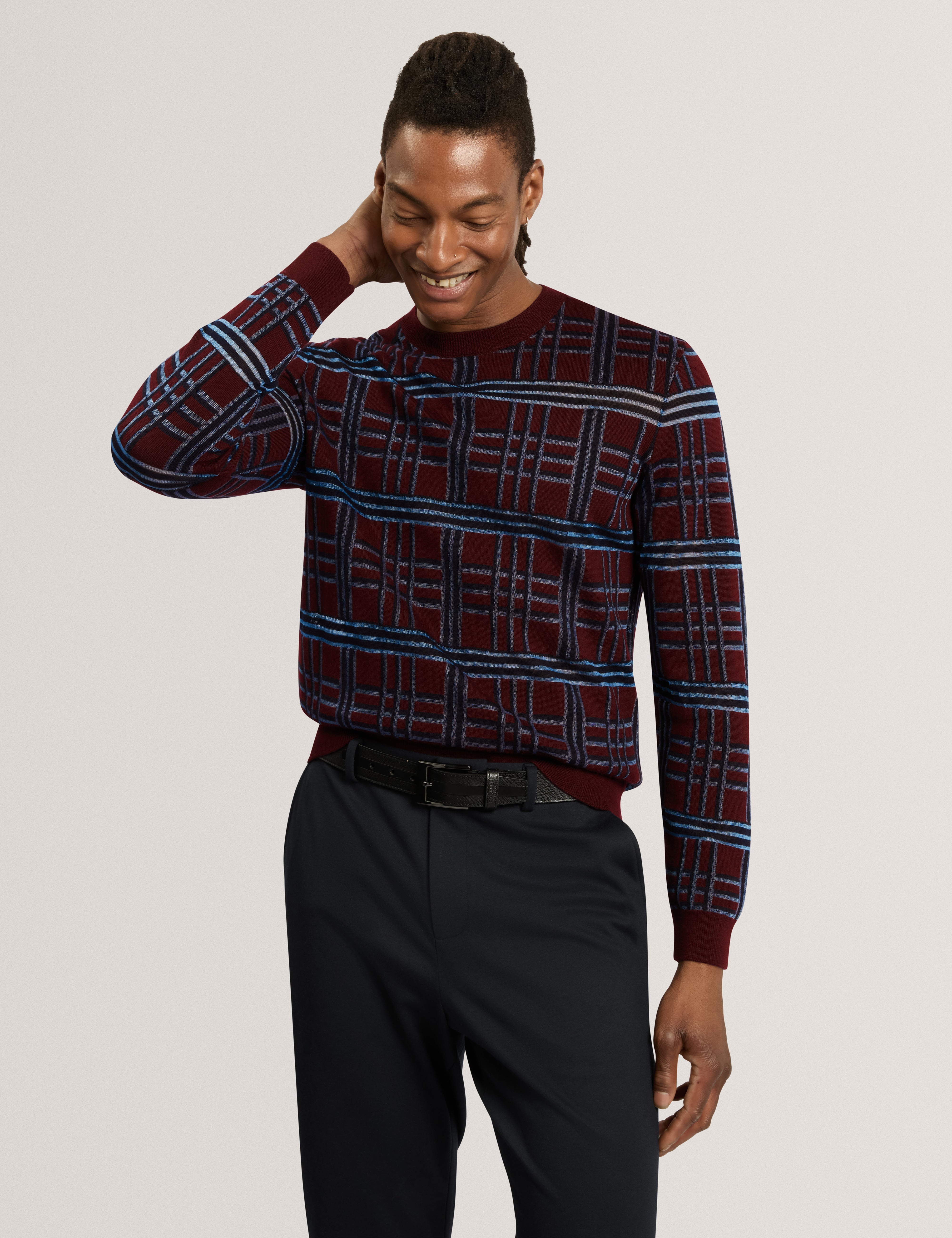Eatton Check Stitch Crew Neck Maroon