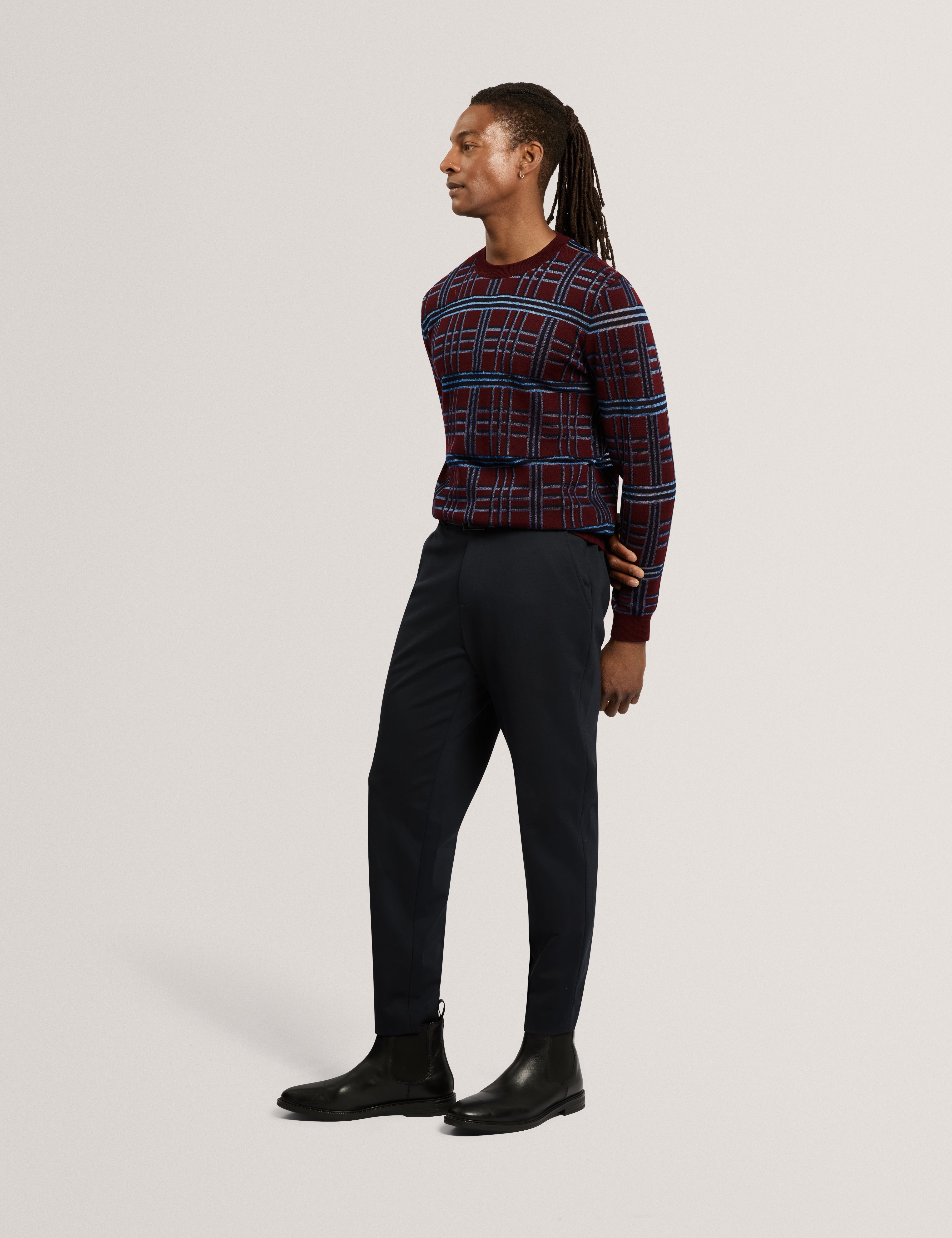 Eatton Check Stitch Crew Neck Maroon